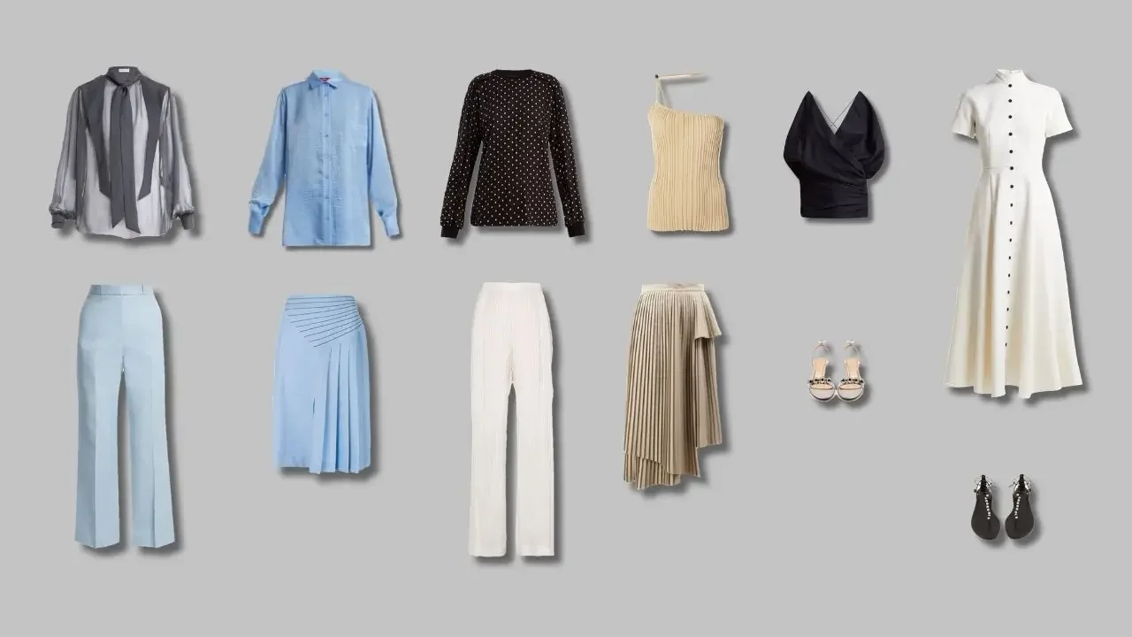 Wonder Wardrobe spring capsule wardrobe 2026 flat-lay — 14 curated pieces including sheer blouse, polka dot top, navy cami, beige knit, white midi dress, and pleated skirts.