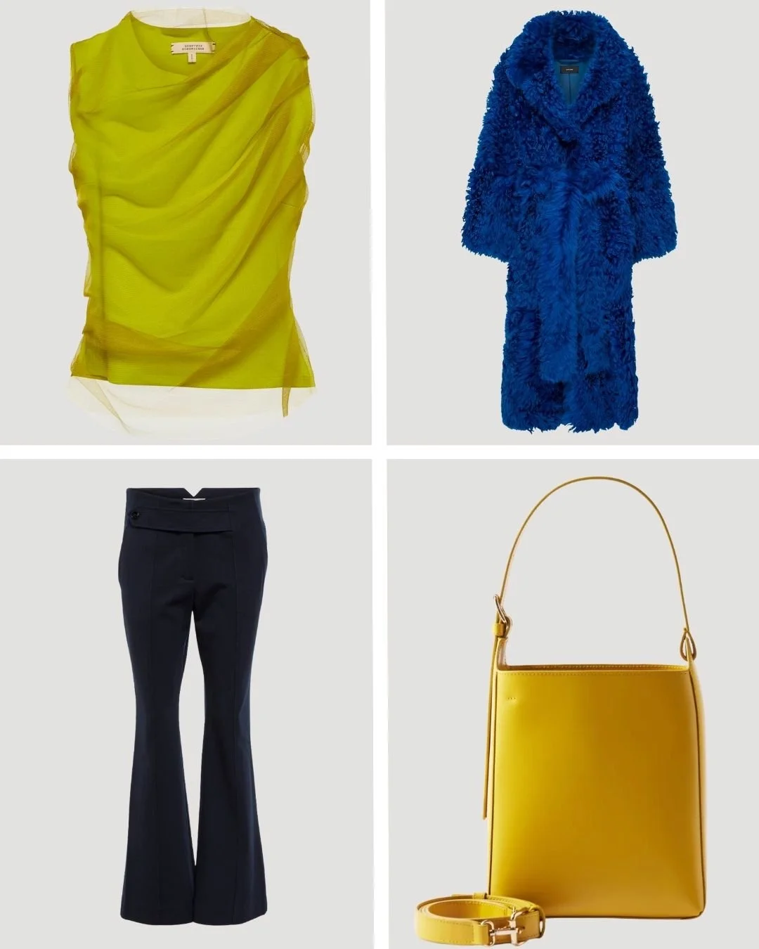 Key pieces from a Starry Night inspired capsule wardrobe: lime draped top, cobalt textured coat, navy flared trousers, and yellow shoulder bag.