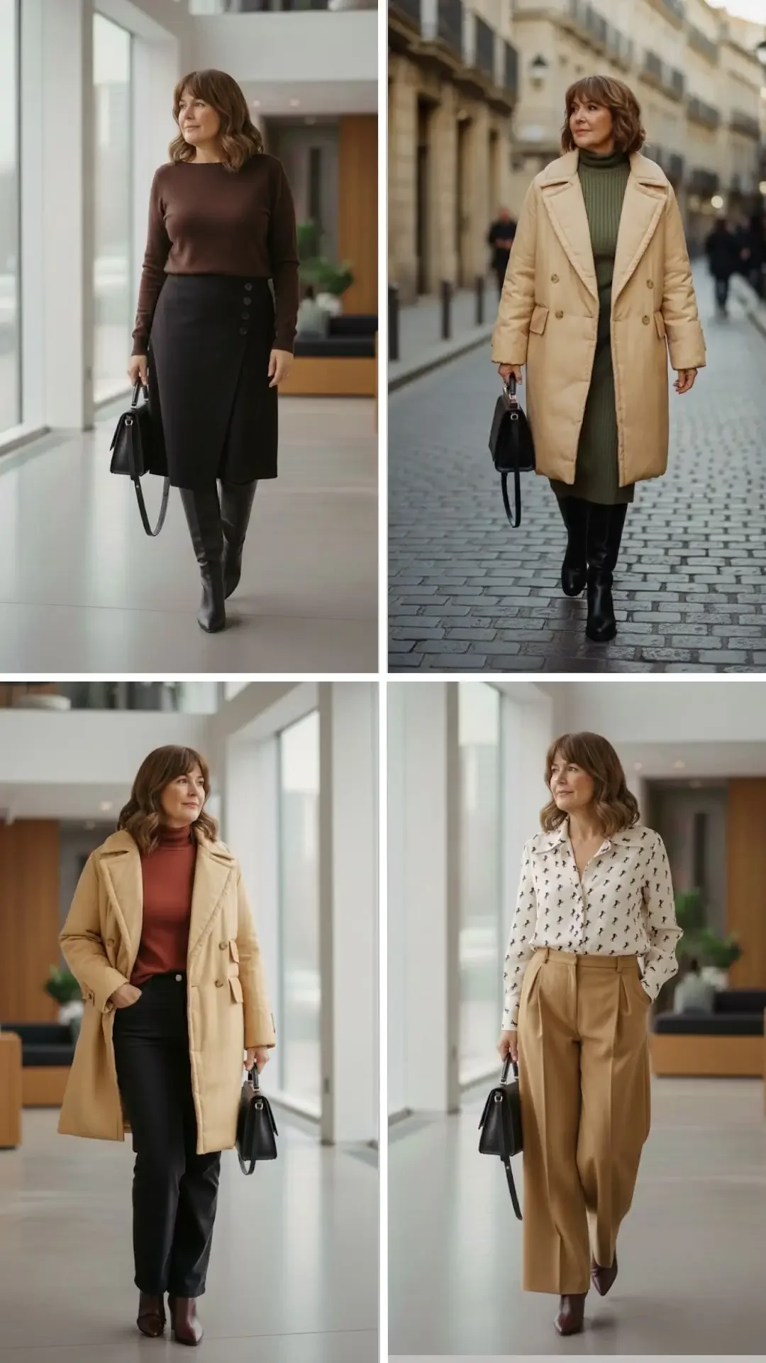 Mature woman wearing winter capsule outfits styled with warm Autumn colours: wrap knit dress, chocolate top with skirt, green dress with camel coat, and printed blouse with trousers.