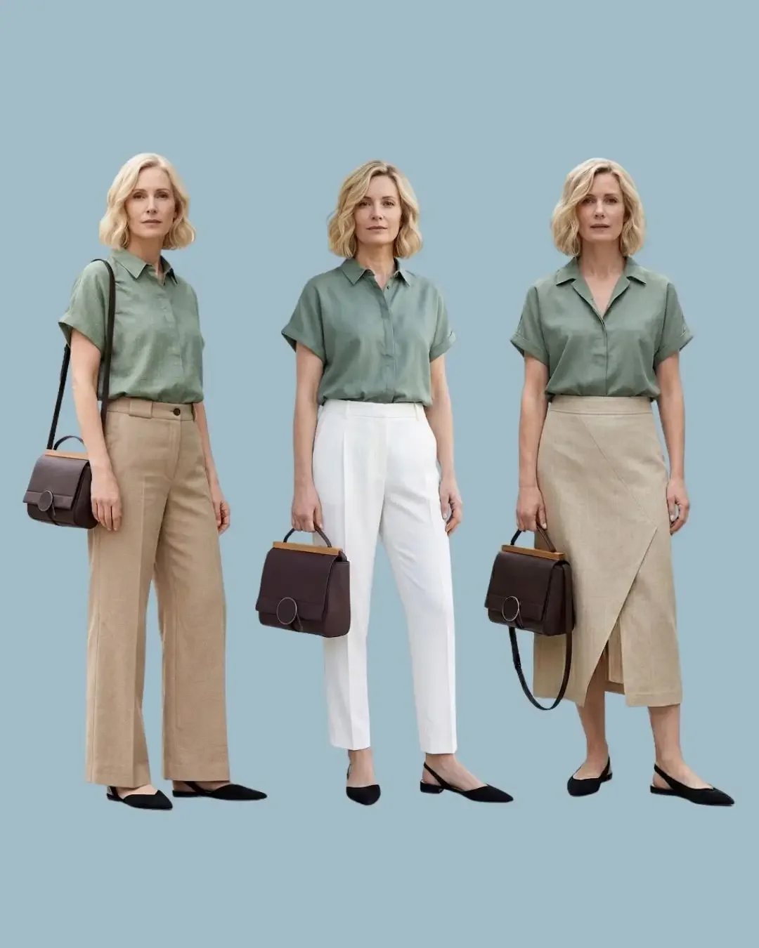 Business casual for summer: sage green shirt with wide-leg trousers, ankle trousers, and midi skirt