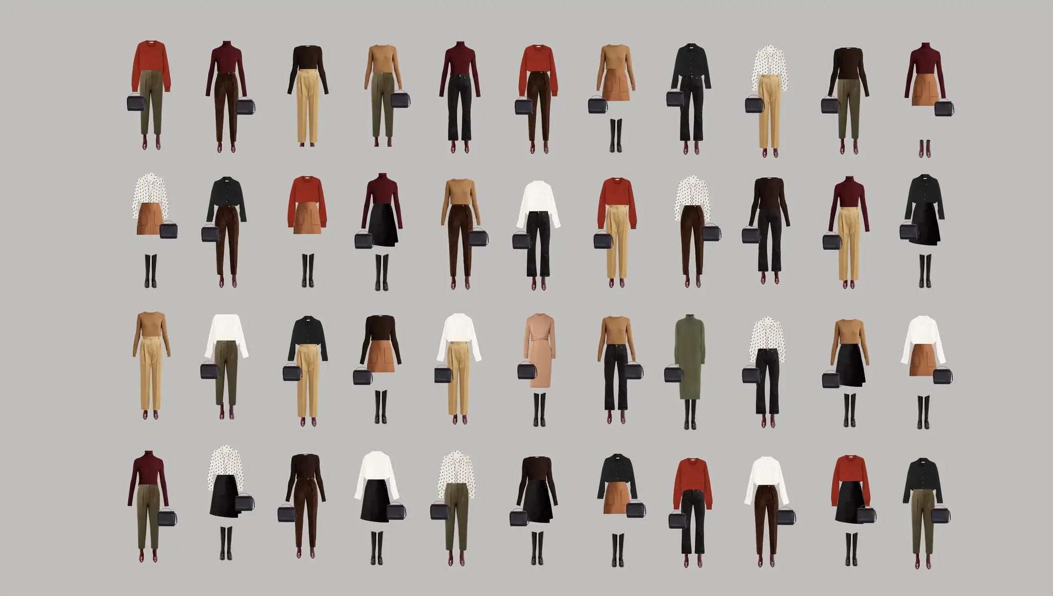 A grid showing 44 interchangeable outfit combinations created from the classic Autumn winter capsule wardrobe pieces.