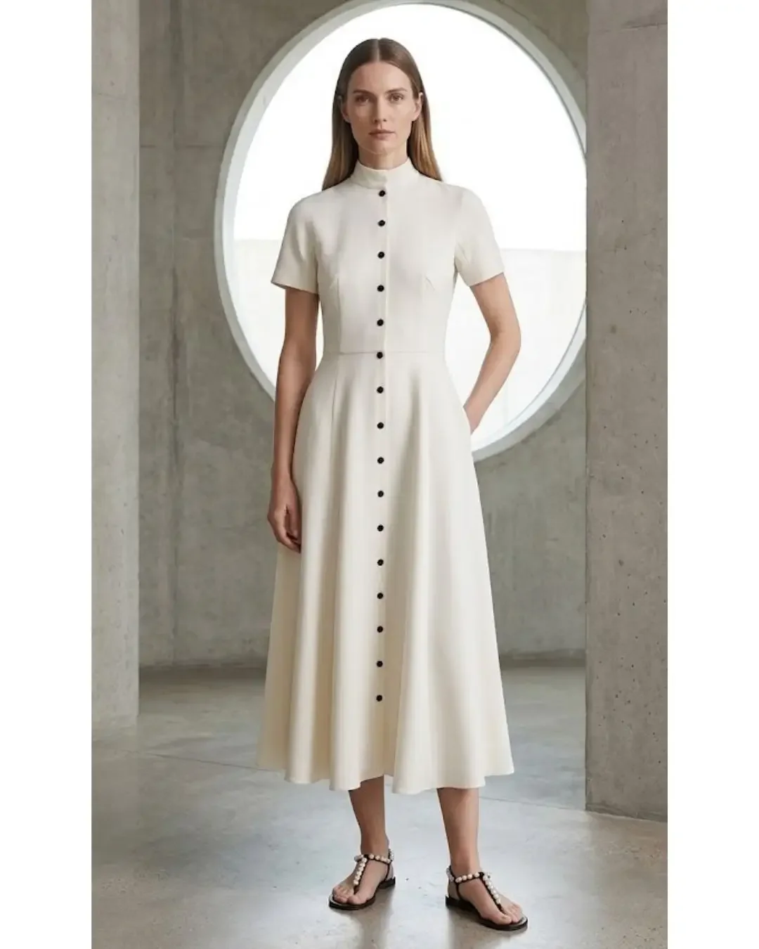 Cream midi shirt dress with black round buttons — the portrait piece of the Dalí spring capsule wardrobe 2026 by Wonder Wardrobe.