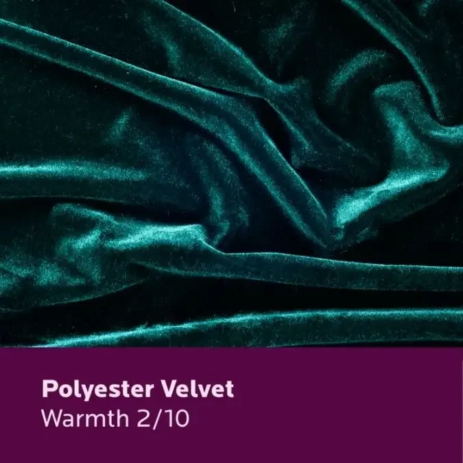 Polyester velvet warmth rating showing low insulation despite its plush texture.