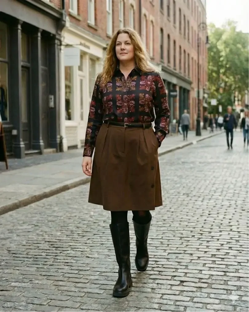 A fall–winter outfit with a patterned shirt, brown skirt, and tall black boots in earth tones.