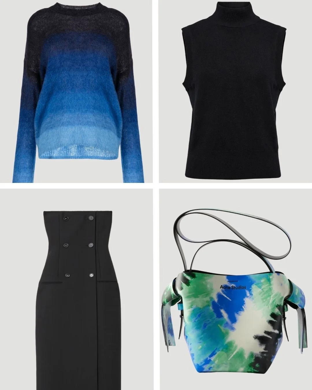 Starry Night capsule wardrobe statement pieces including a blue gradient knit, black sleeveless top, black column dress, and a painterly print mini bag.
