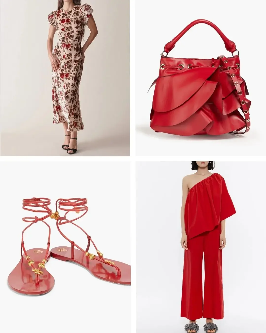 Day to night summer outfits with red accent pieces, including a red one-shoulder set, red lace-up flat sandals, a sculptural red handbag, and a floral midi dress.