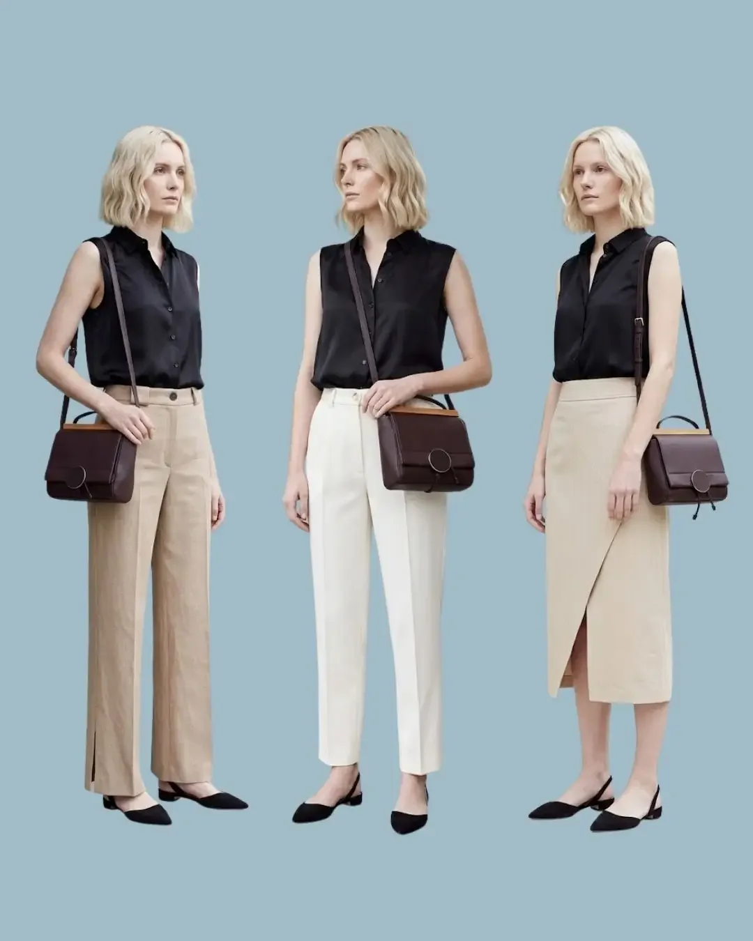Hot weather business casual: black sleeveless silk blouse with trousers and midi wrap skirt