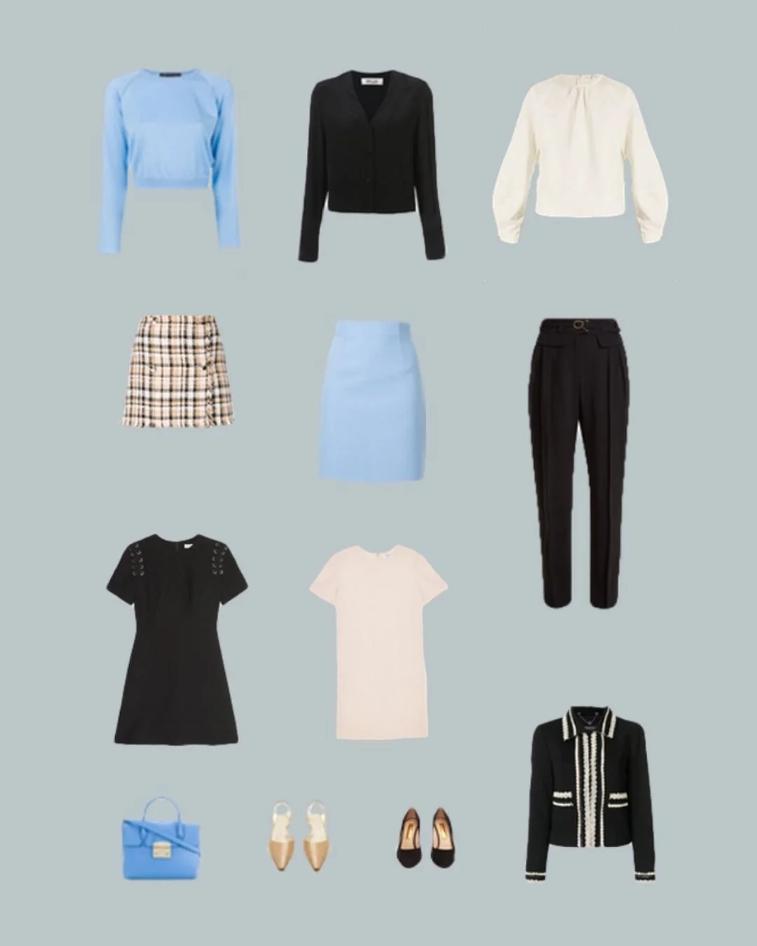 Petite capsule wardrobe flat lay showing all 10 pieces: blue cropped sweater, black cardigan, cream blouse, plaid skirt, blue skirt, black trousers, black dress, blush dress, structured jacket, nude and black shoes, and blue bag