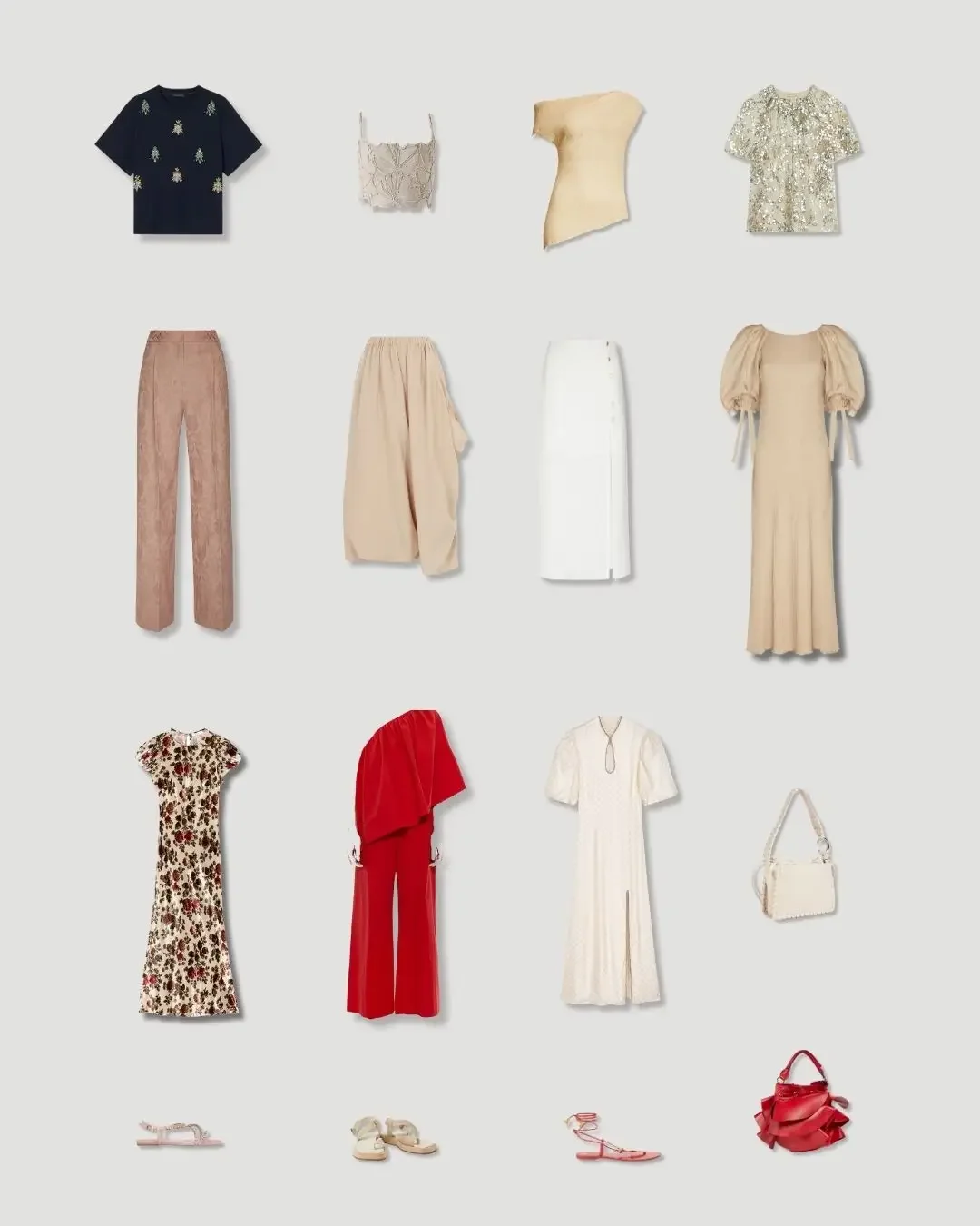 Luxury summer travel capsule wardrobe with 16 outfit options, featuring cream neutrals, soft gold tones, black accents, and a bold red set, plus interchangeable shoes and bags.