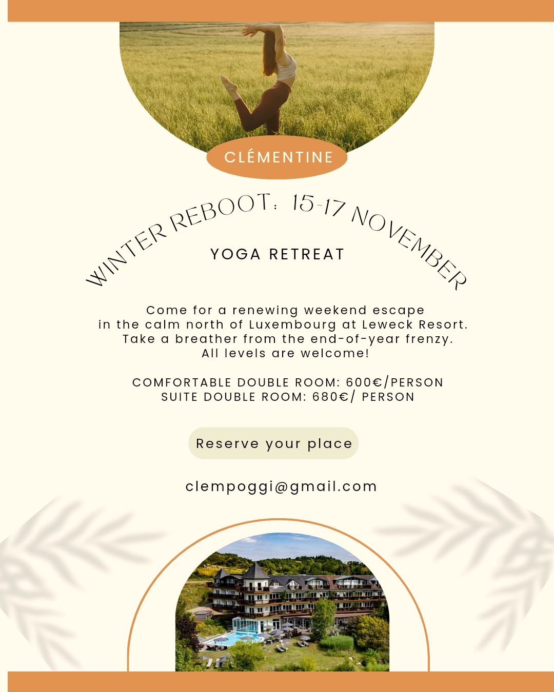 Dear students and teachers,

I&rsquo;m beyond excited to announce my upcoming weekend retreat&mdash;perfect timing to unwind before the end-of-year hustle! 🌿✨ 

Join me for a relaxing weekend filled with yoga, delicious meals, and quiet spa moments.