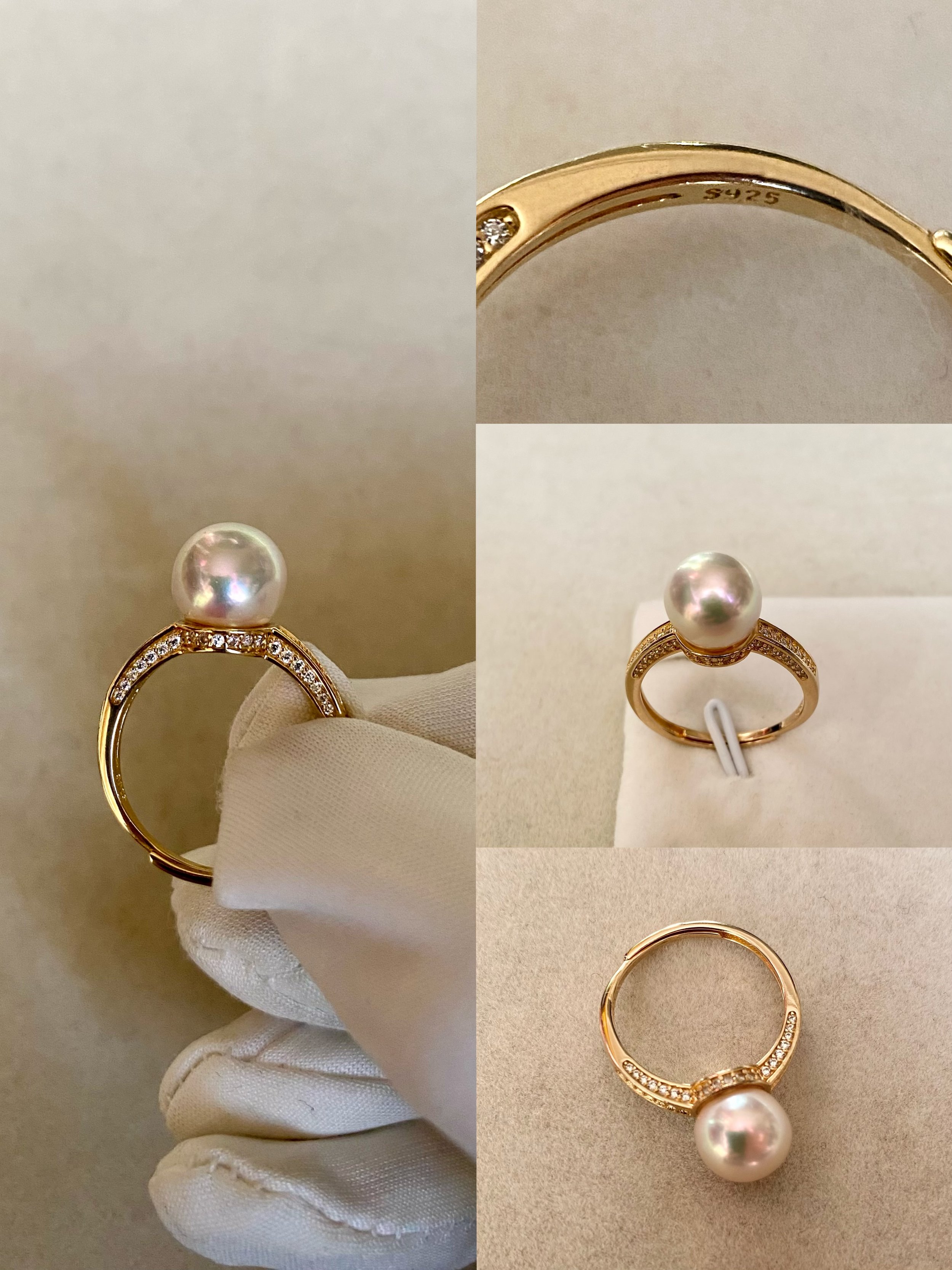 9mm Japanese White Akoya Pearl Ring, Vibrant Pink Hue, Original Japanese Pavé-Set S925 Adjustable Band, Pearl from Renowned Otsuki Pearl Starlit Pearls
