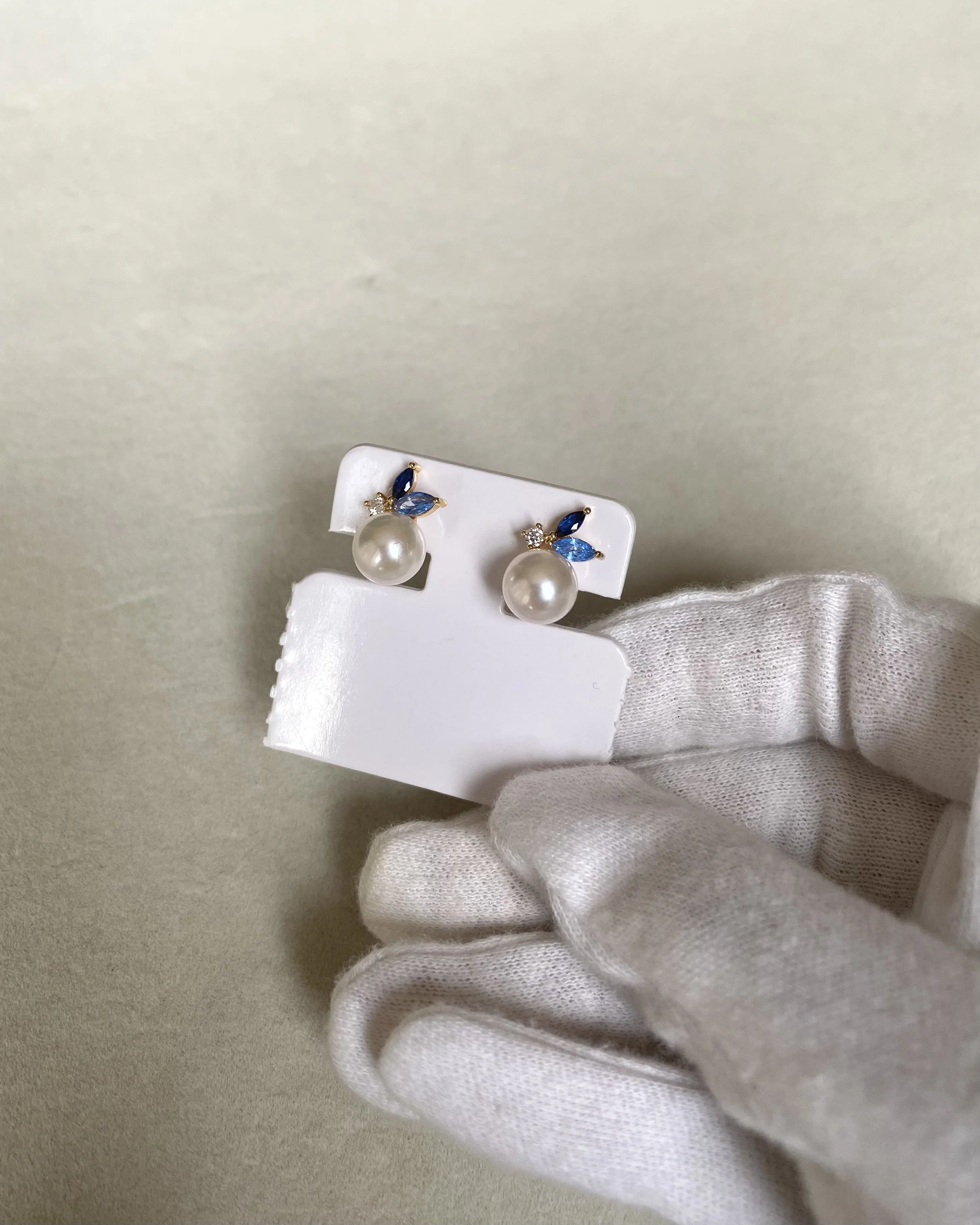 Japanese Exhibition 7.9mm Classic White Akoya Pearl Stud Earrings, Sapphire Blue Botanical Leaf Design, S925 Silver with CZ Accents Starlit Pearls