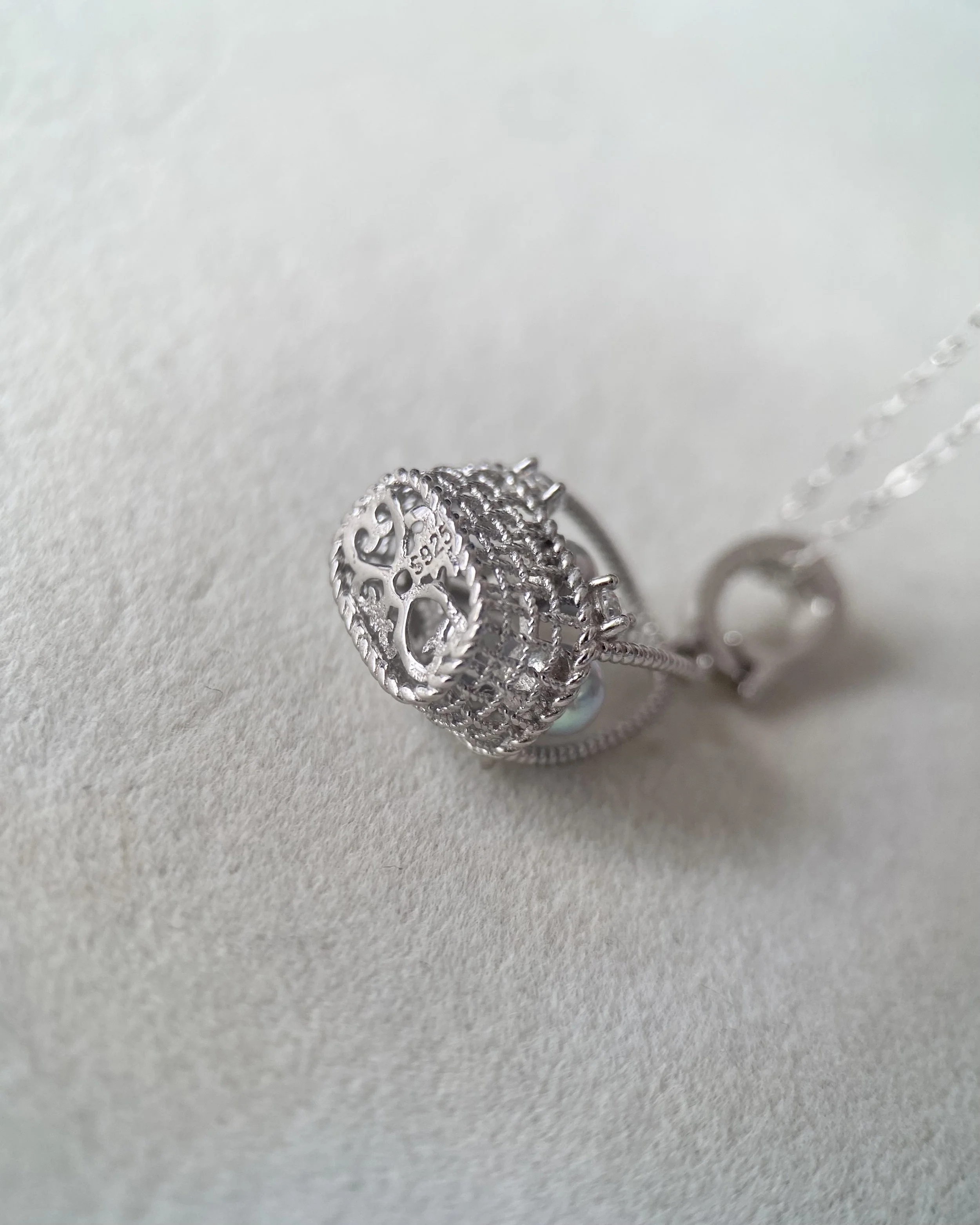 Top Gr Japanese Silver-Grey Saiundama Akoya Pearl Pendant, Sculptural 3D Woven Treasure Basket with Four Pearls_CZ_S925, Show Piece Starlit Pearls