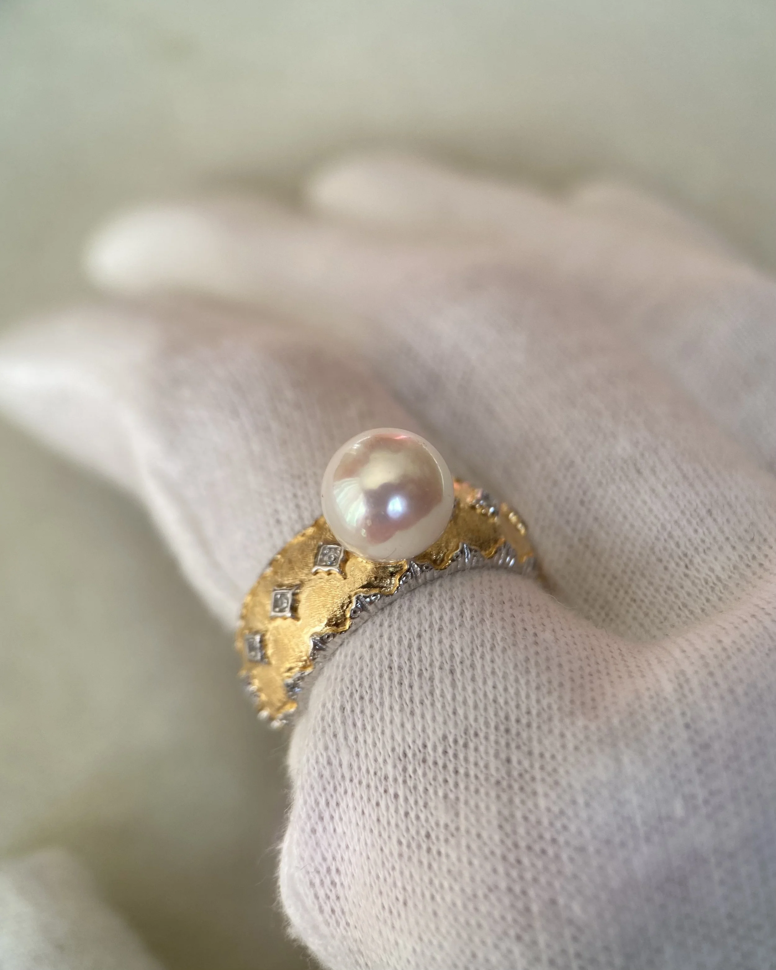 Rare Japanese White-Clear Akoya Pearl Ring 8.5mm, Soft Pink Overtone, Elegant Two-Tone Engraved S925 Silver Adjustable Wide Band Starlit Pearls