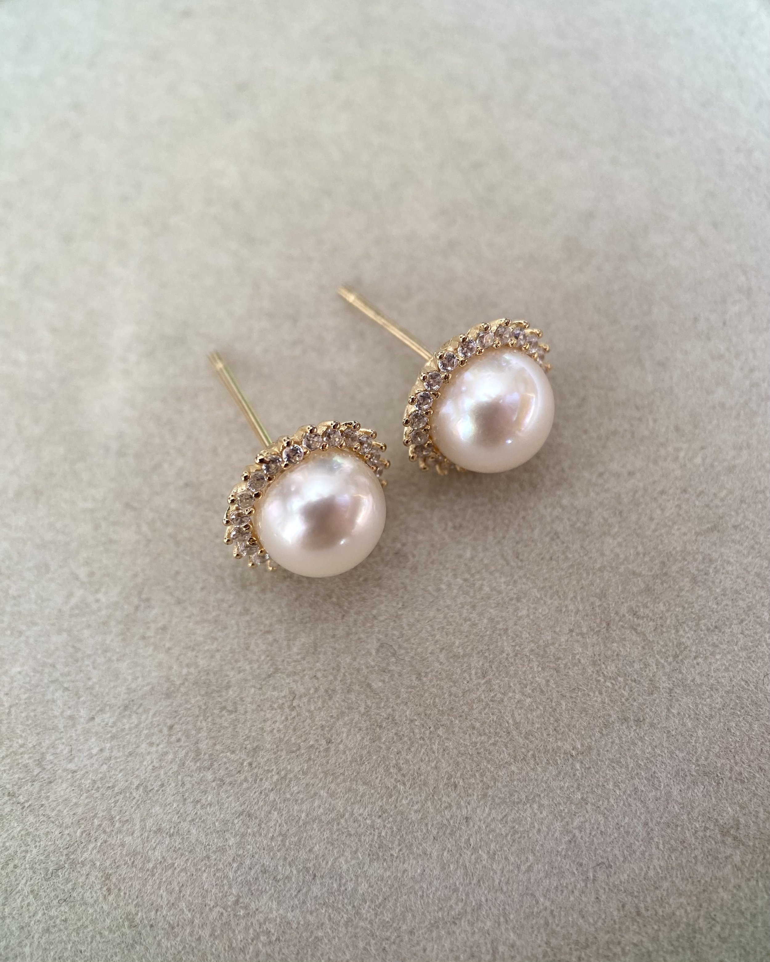 8mm Champagne Japanese Akoya Pearl Stud Earrings, Sourced from Otsuki Pearl, Gold-Toned S925 Sterling Silver Pavé Halo Setting Starlit Pearls