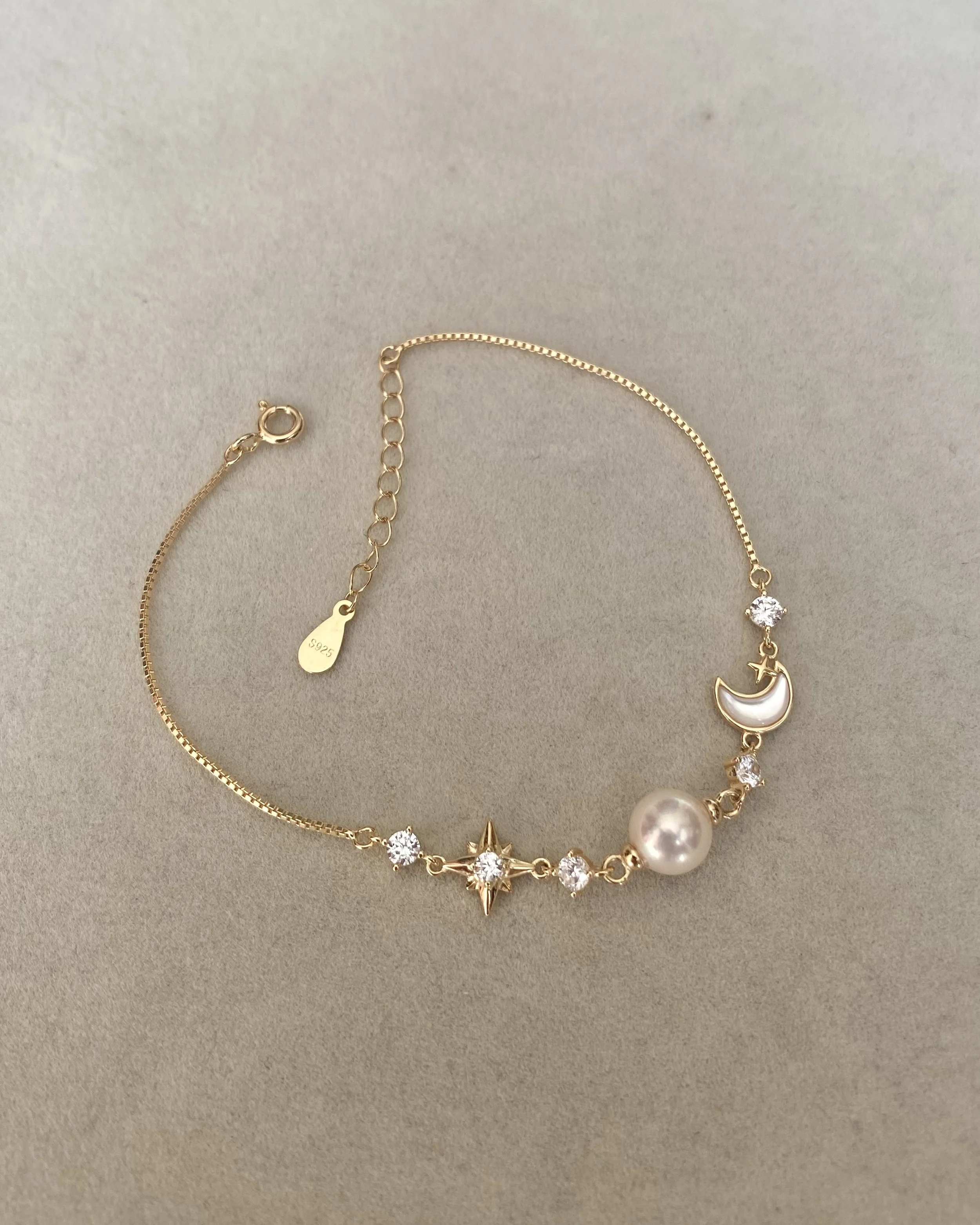 White Japanese Akoya Pearl Celestial Bracelet 7.4mm, MOP Moon & North Star with CZ, S925 Silver Adjustable Box Chain, Show Piece Starlit Pearls