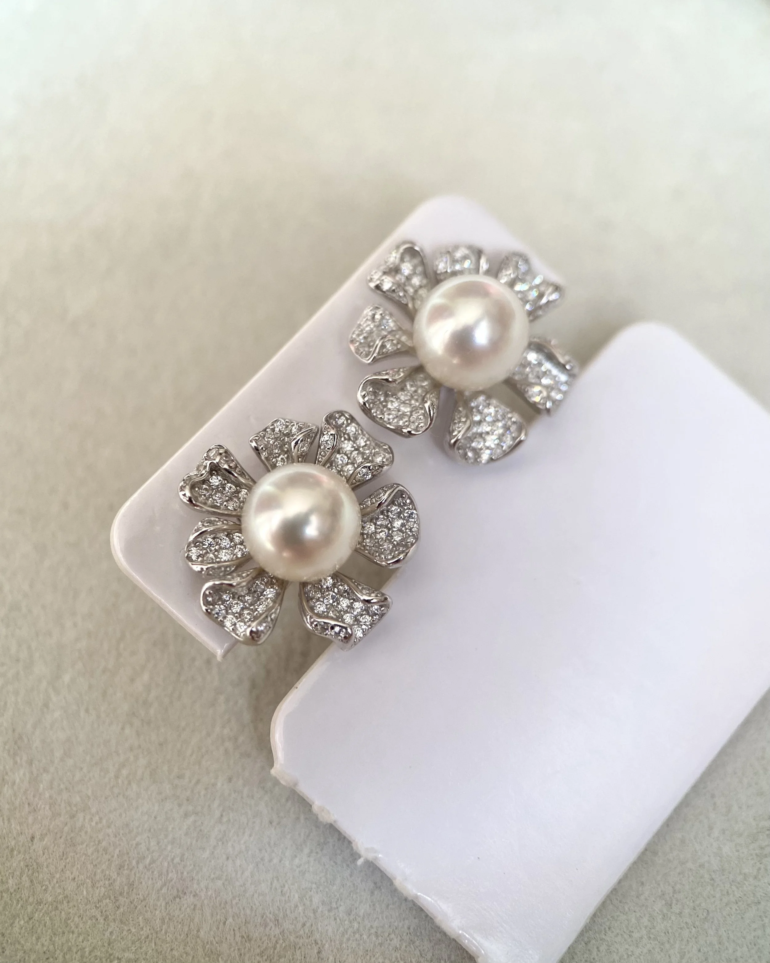 Japanese Crystal White Akoya Pearl Flower Stud Earrings 7-7.5mm, Soft Pink Overtone, Sculptural CZ Petals, S925 Silver, Show Piece Starlit Pearls