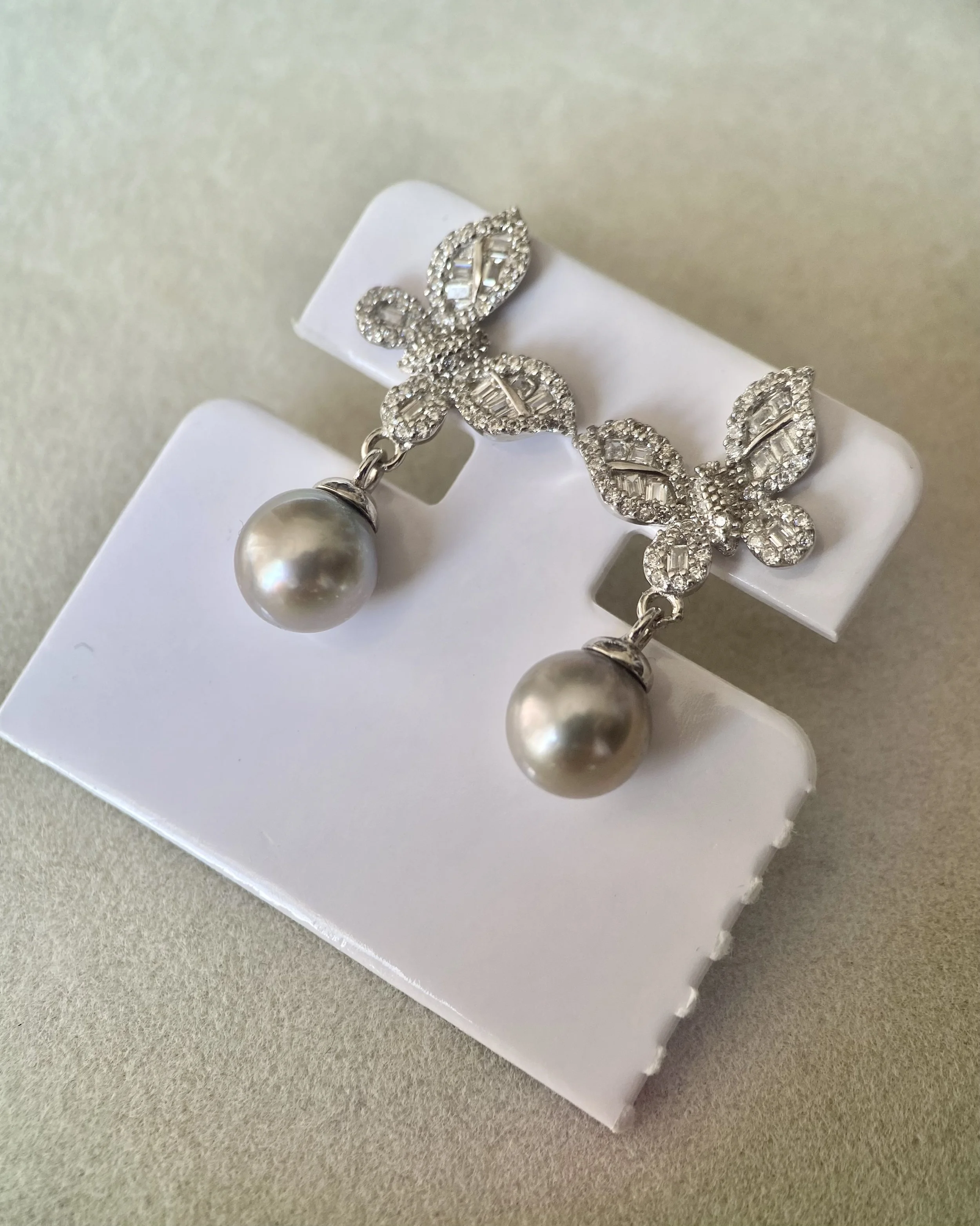 Japanese Metallic Grey Madama Akoya Pearl Drop Earrings 7.3mm, Steel-Like Lustre, S925 Silver Pavé Butterfly, Jewellery Show Piece Starlit Pearls