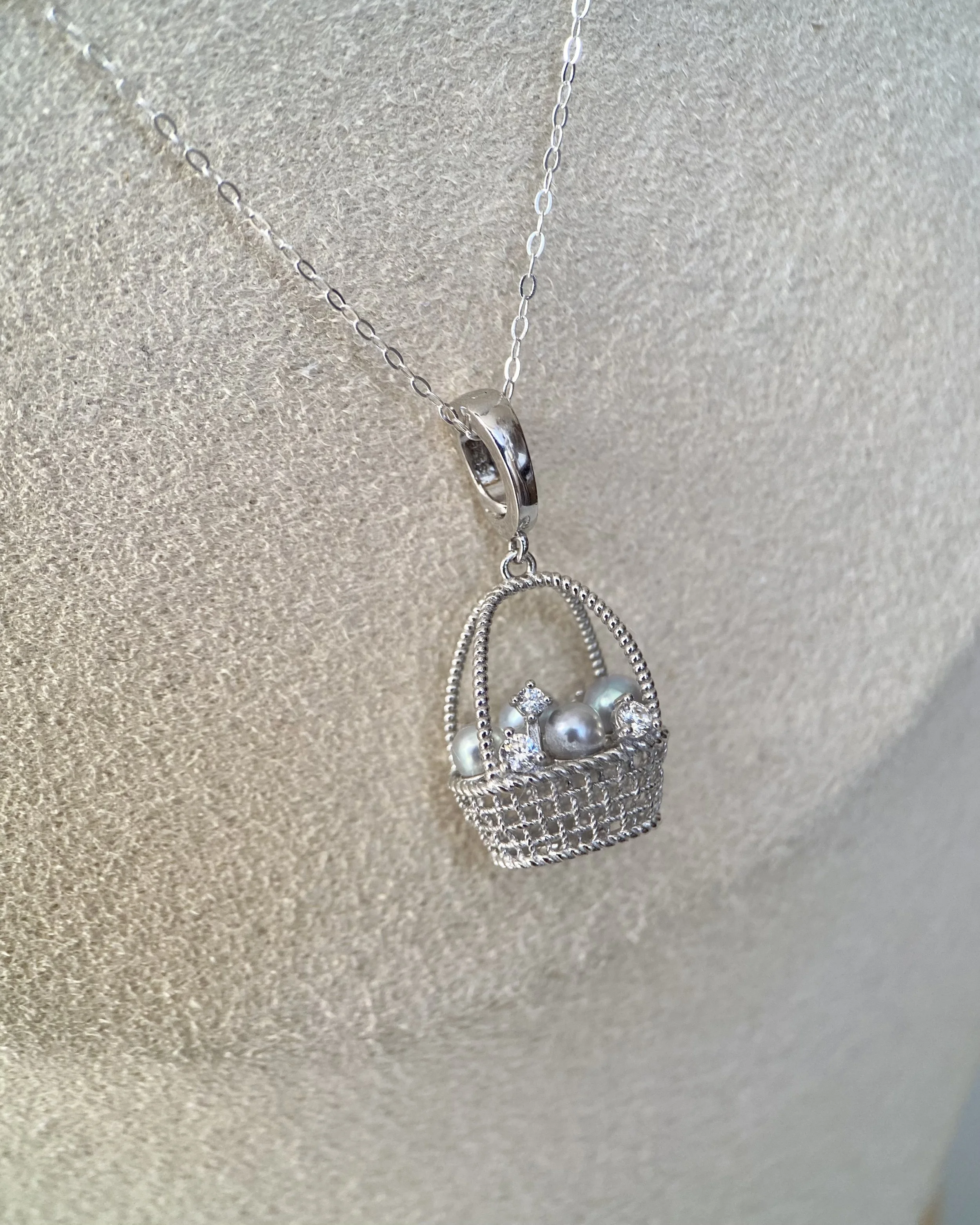 Top Gr Japanese Silver-Grey Saiundama Akoya Pearl Pendant, Sculptural 3D Woven Treasure Basket with Four Pearls_CZ_S925, Show Piece Starlit Pearls