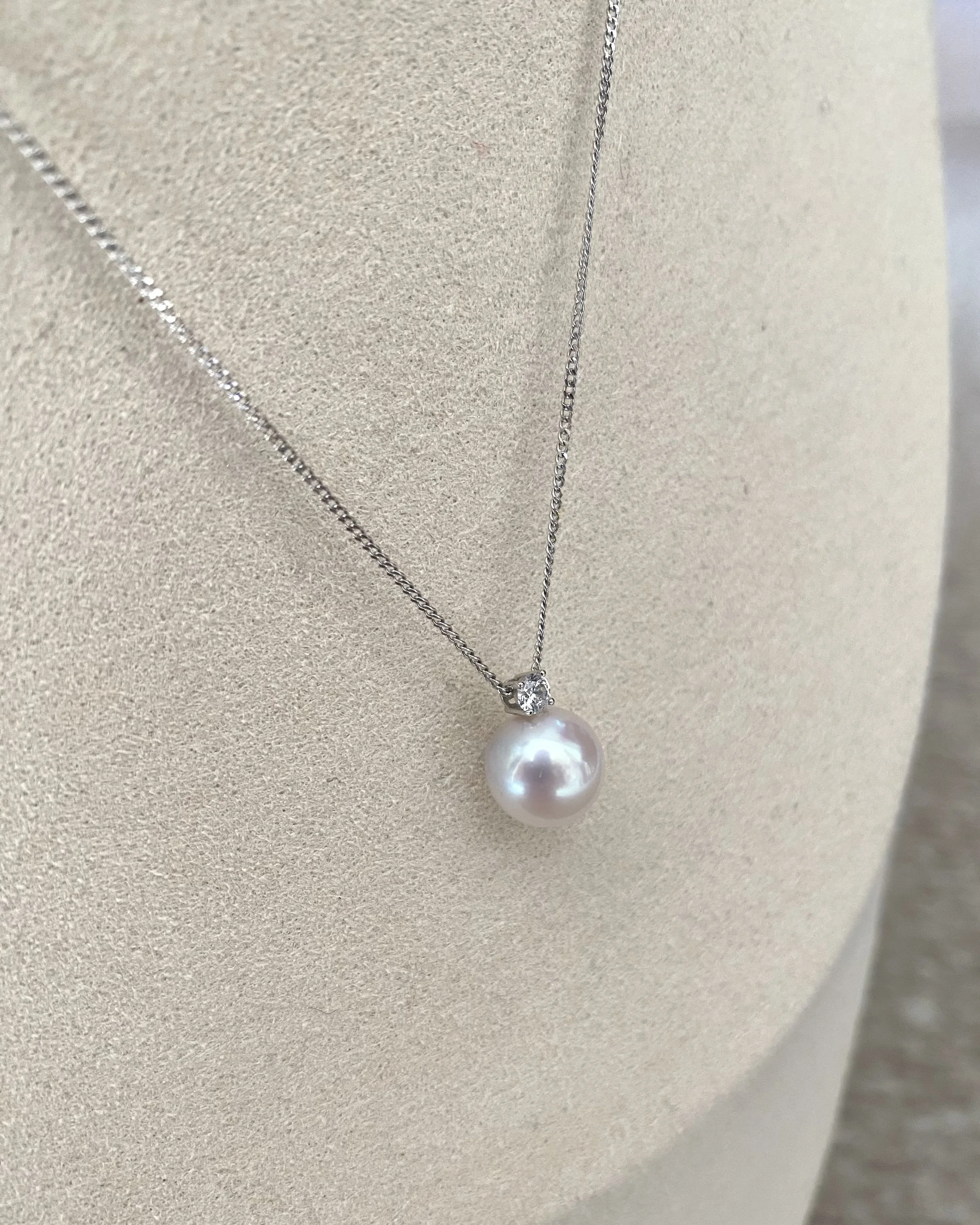 9.1mm Japanese White Koshimono Akoya Pearl Pendant Necklace, Tennyo-Quality, 18K White Gold & CZ, S925 Silver Snake Chain Starlit Pearls