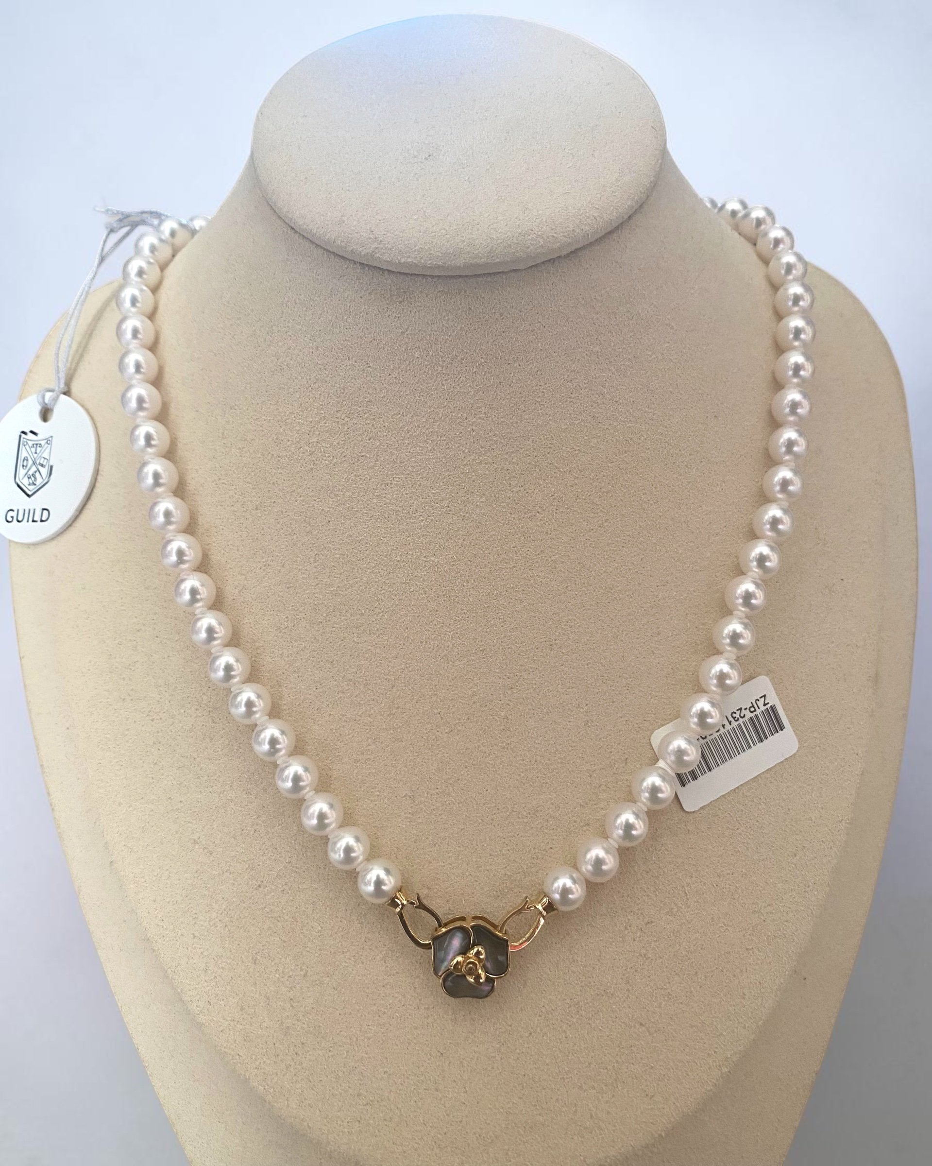 GUILD Certified Top-Gr Superior Snow White Japanese Akoya Pearl Necklace 7-7.5mm, Top Lustre, Orchid Black Mother-of-Pearl Clasp Starlit Pearls