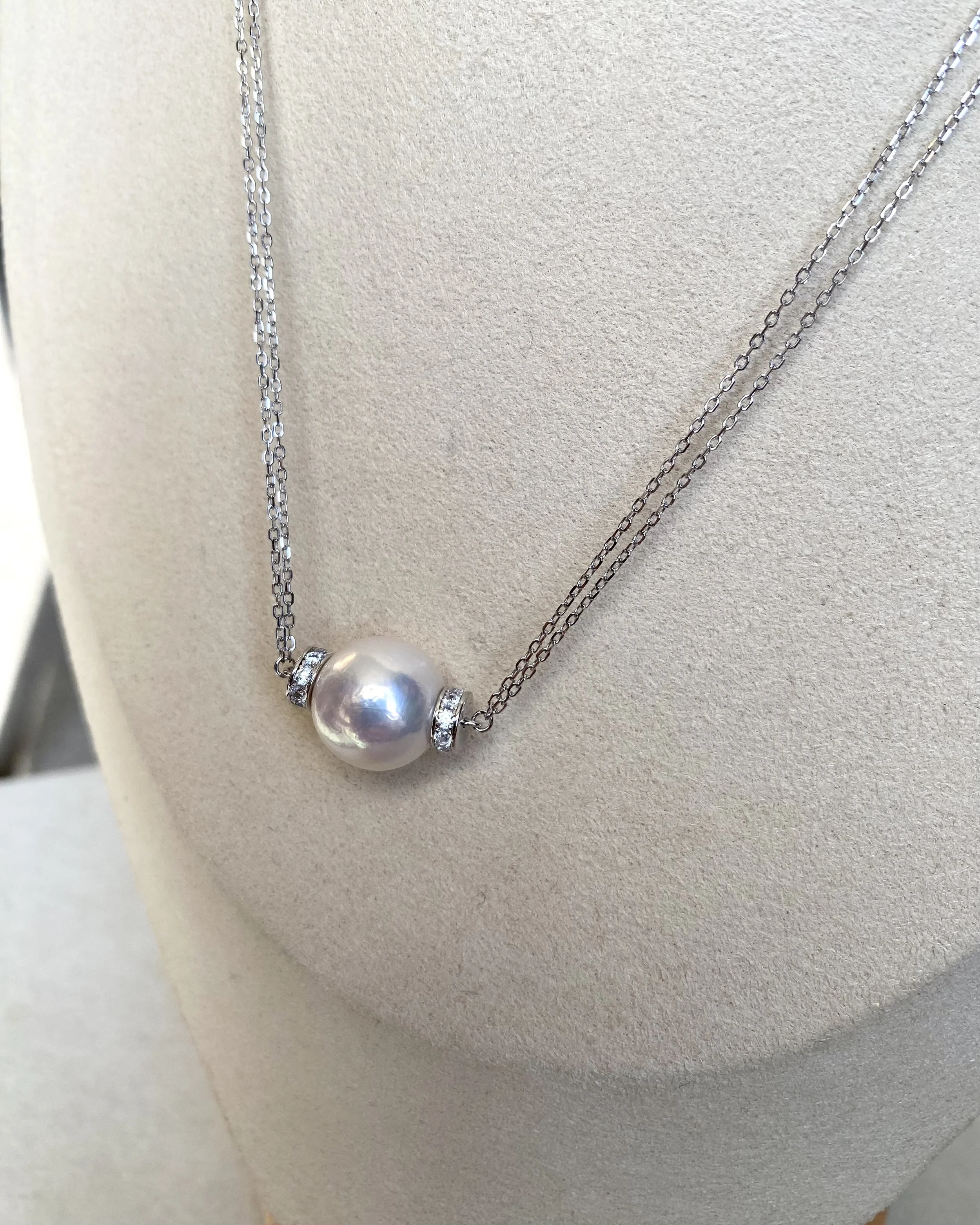 12.5–13mm Radiant White Freshwater Pearl Pendant Necklace, Soft Pink Overtone, Japanese Twin-Chain in S925 Silver, 19" Long, Wedding Starlit Pearls