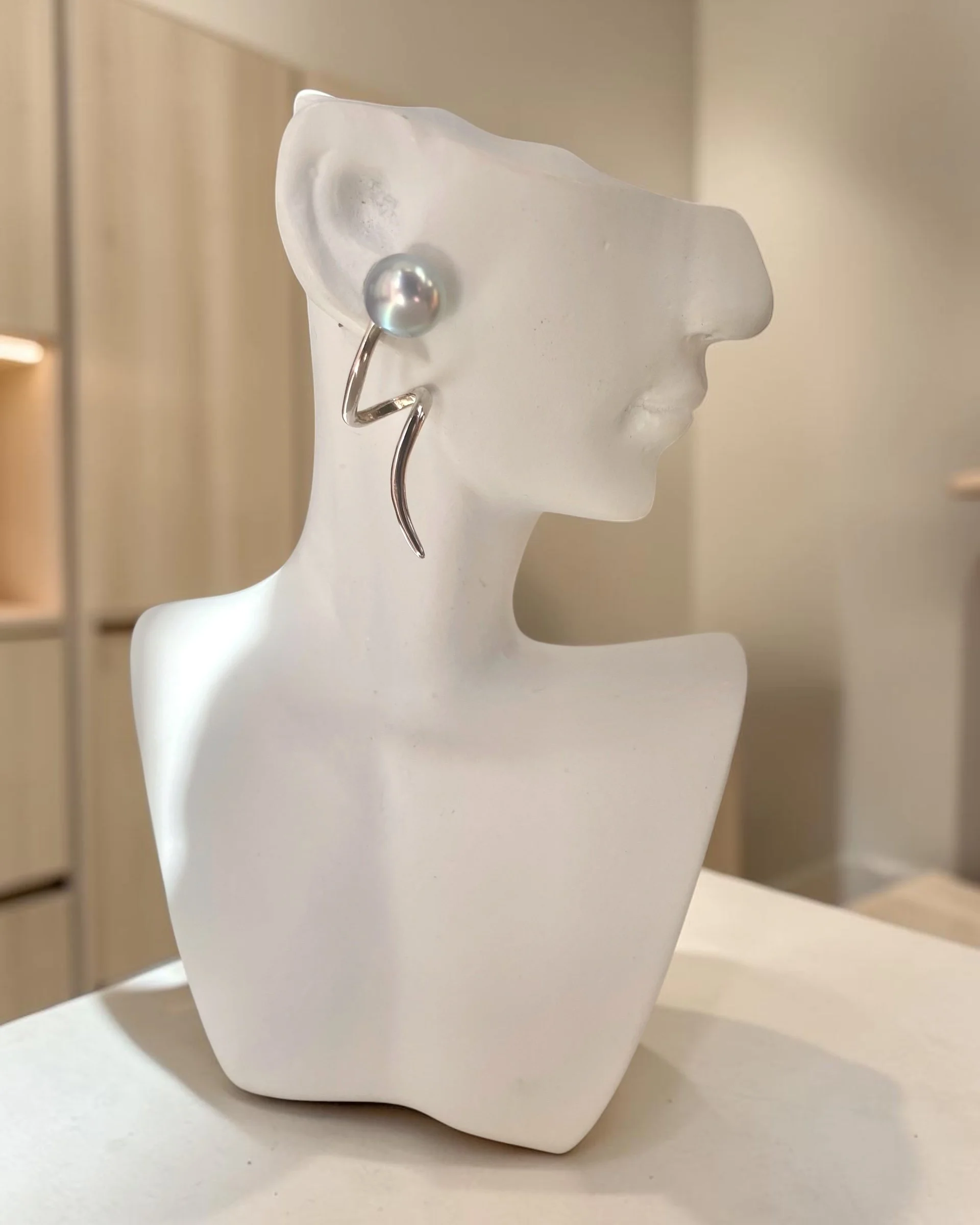 Natural Silver-Grey Blue Japanese Madama Akoya Pearl Earrings 7.1mm, Mirror Lustre, Sculptural Ribbon Wave S925 Design, Show Piece Starlit Pearls