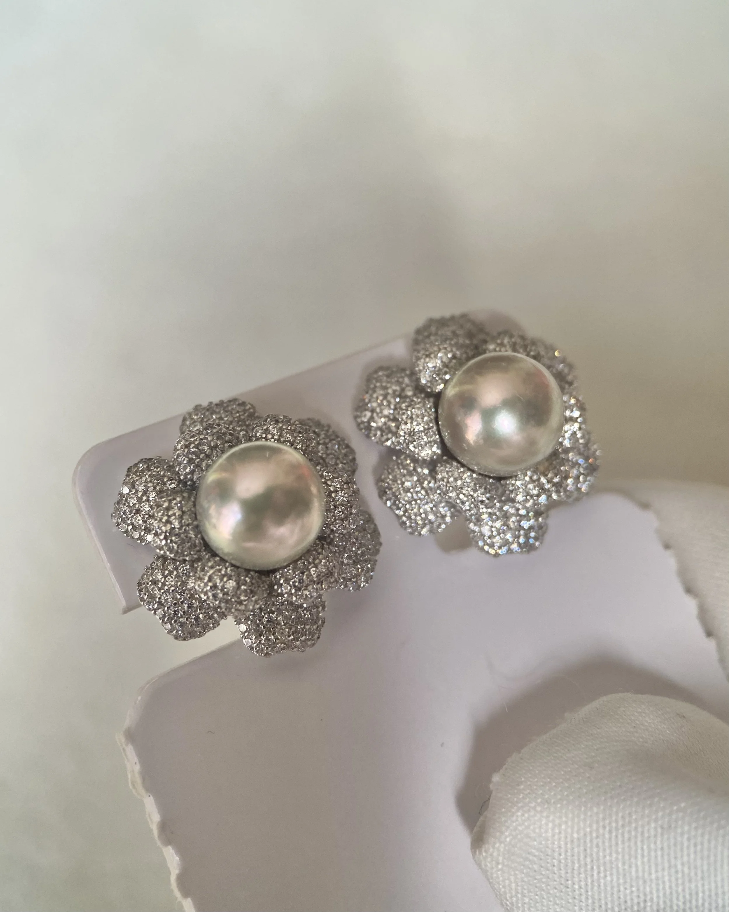 Luxury Gardenia Blossom_Japanese Silver-Grey Madama Akoya Pearl Stud Earrings 8.2mm, Double-Layer Pavé S925 Silver, Exhibition Piece Starlit Pearls