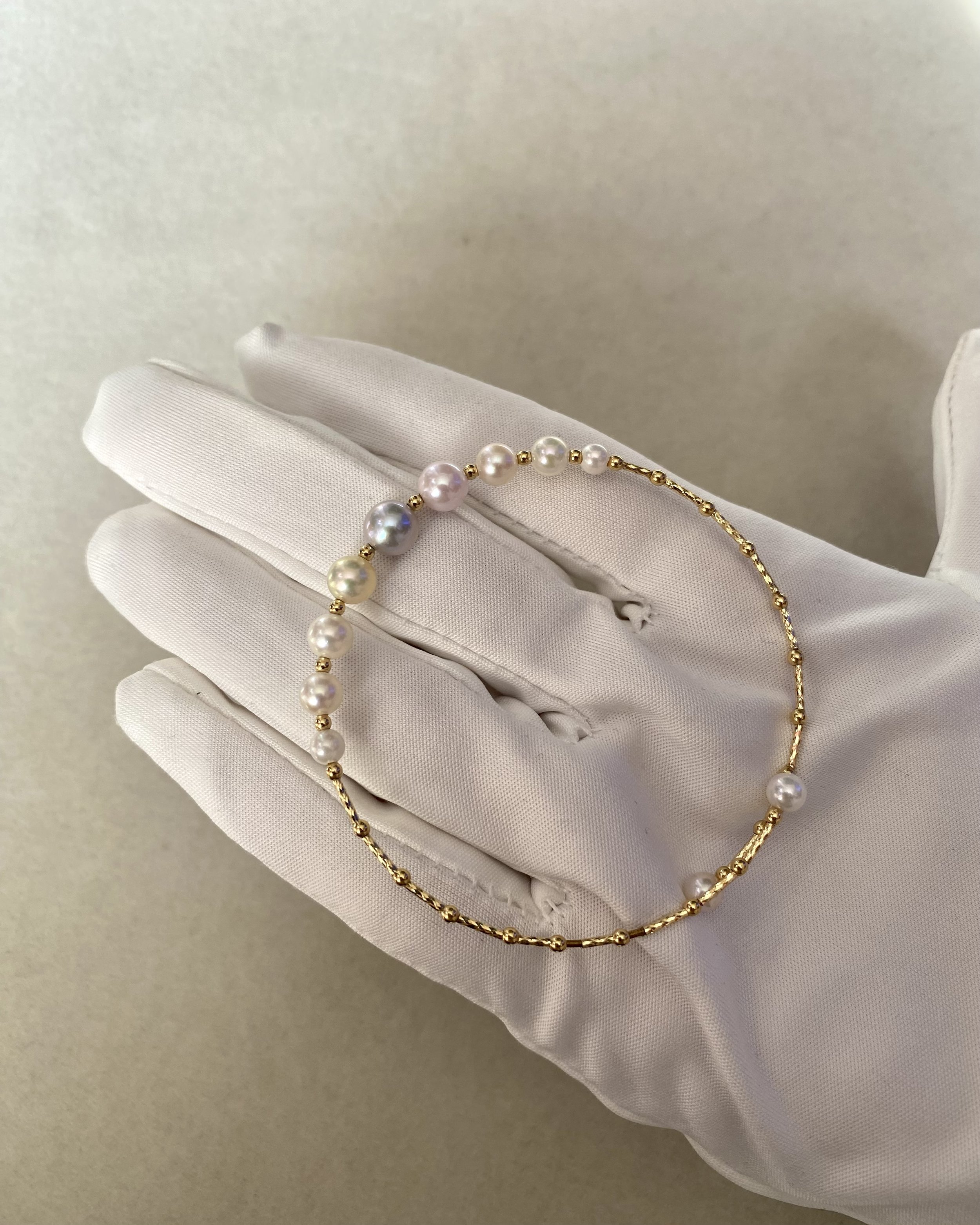 Solid 18K Gold_Premium Multi-Tone Japanese Akoya Pearl Bracelet – Madama Silver, Golden Dawn, Pink & White Pearls, Dreamy Gradient Harmony Starlit Pearls