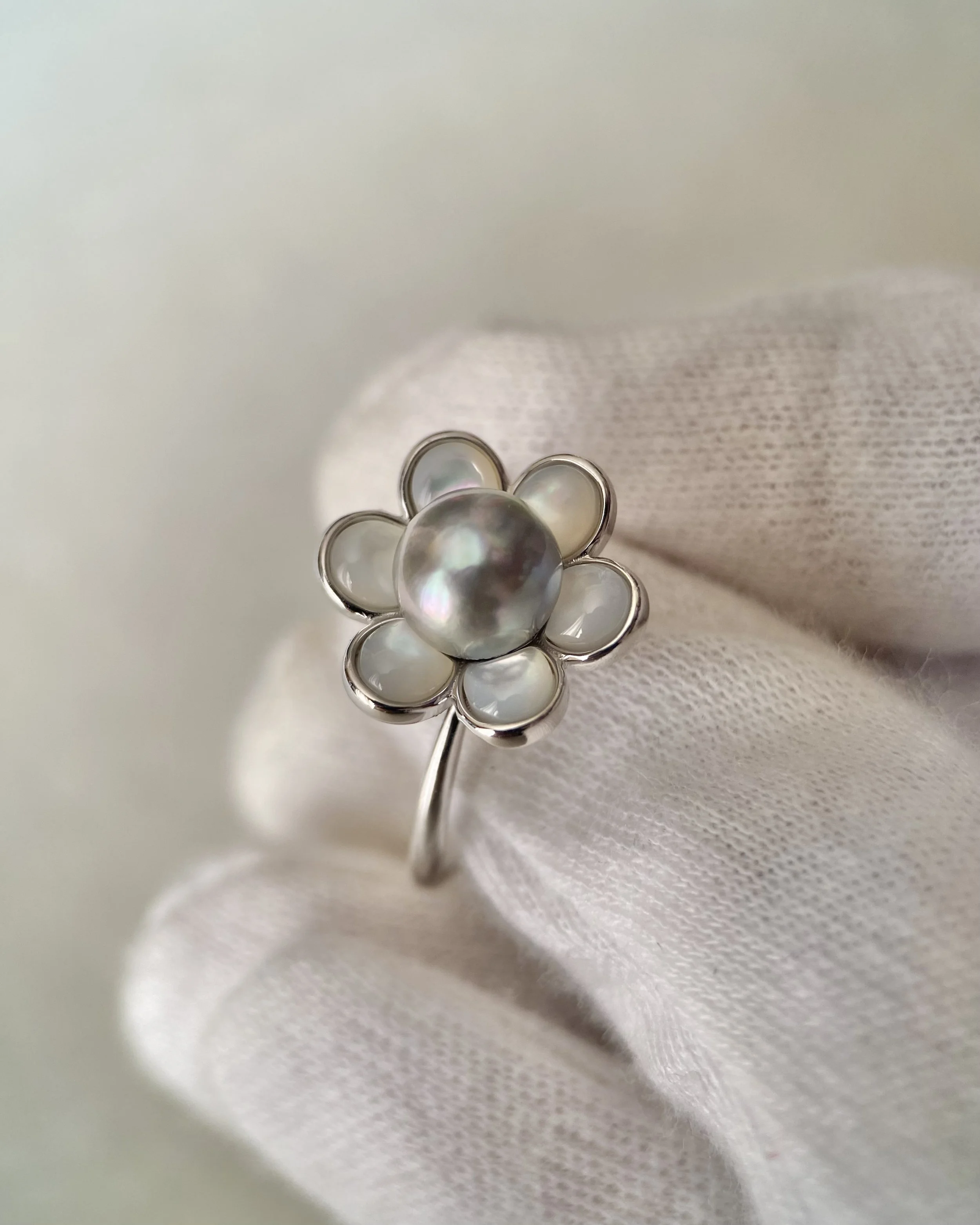 Japanese Natural Silver-Grey Madama Akoya Pearl Flower Ring 7.3mm, Rainbow Overtones, Mother of Pearl Petals, Silver Adjustable Band