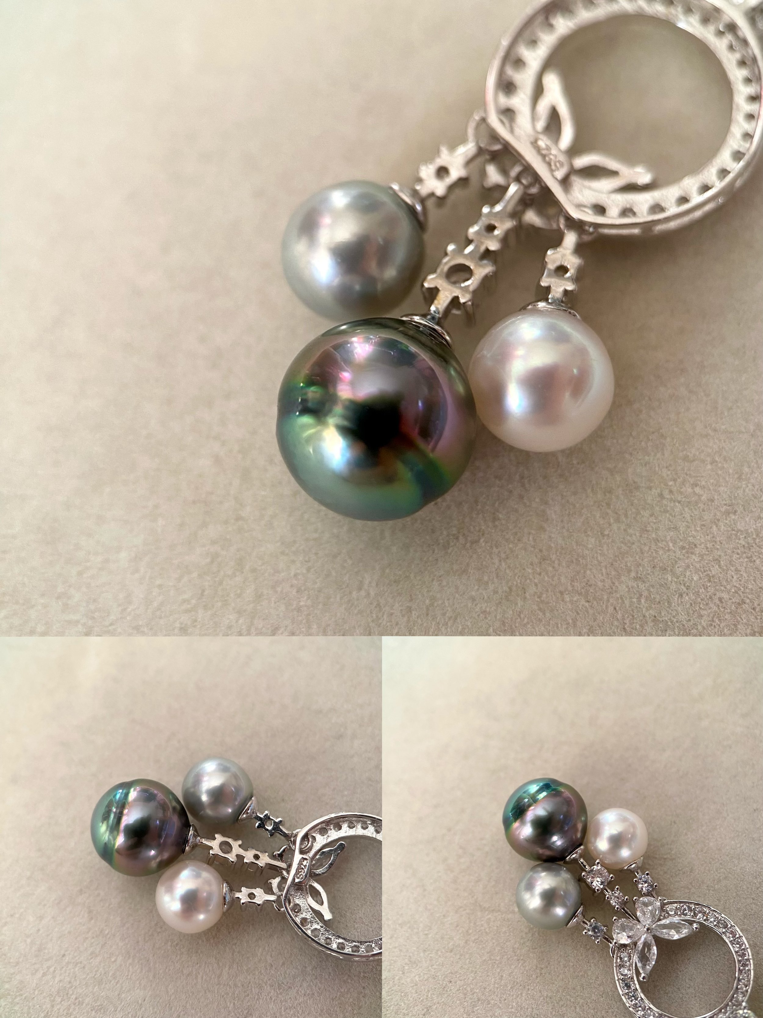 Rare 11mm Tahitian Peacock Green Baroque South Sea Pearl Pendant w/ 8mm Japanese White & Silver Madama Akoya Pearls, 925 Dreamcatcher Design Starlit Pearls