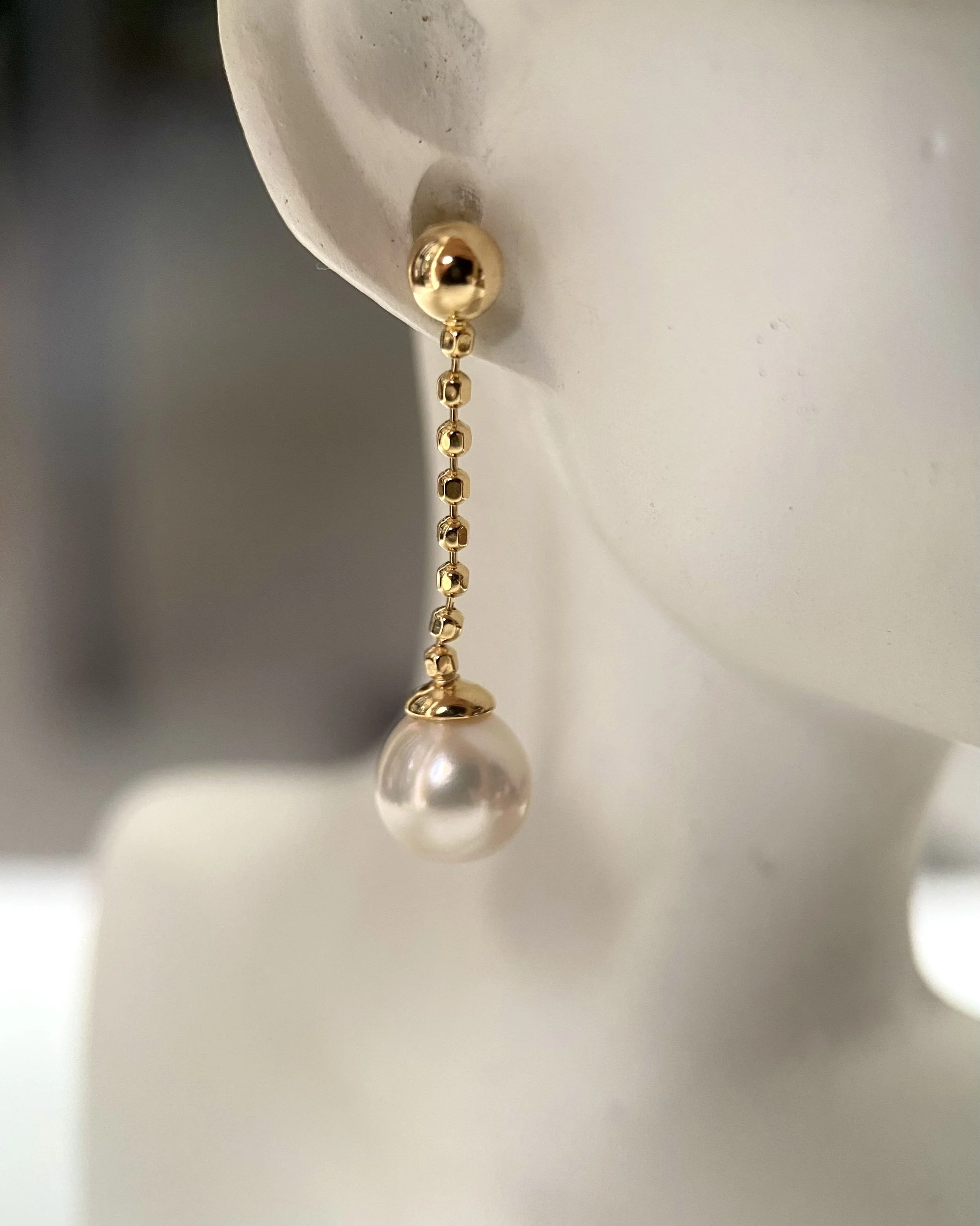Premium Sakura-Pink Japanese Koshimono Akoya Pearl Drop Earrings, Aurora Lustre, S925 Sculptural Bead-Link Chain Design, Jewellery Showpiece Starlit Pearls