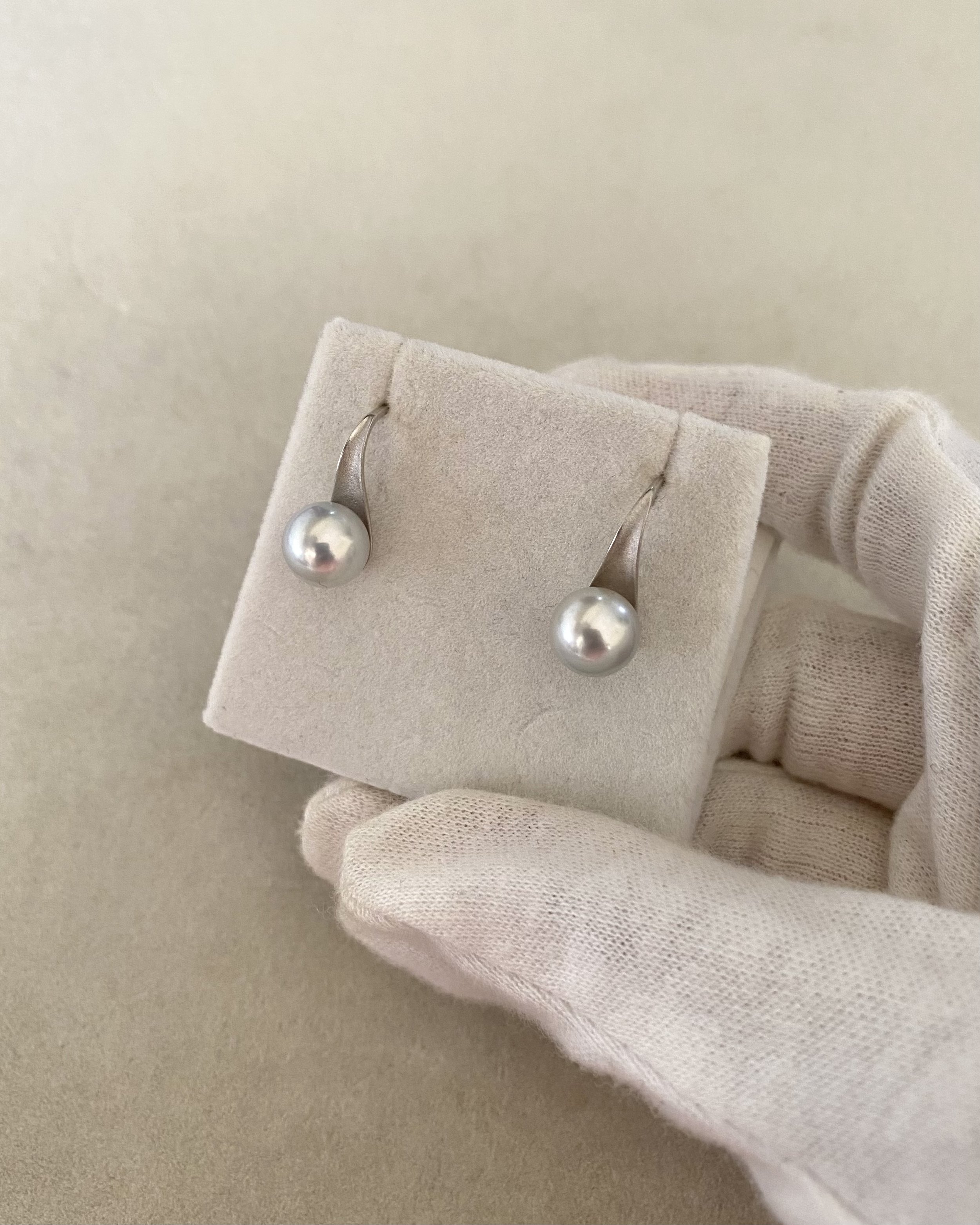 8.1mm Silver-Grey Blue Japanese Madama Akoya Pearl Hook Earrings, Mirror Lustre, Sculptural Satin-Brushed S925 Silver, Show Piece Starlit Pearls