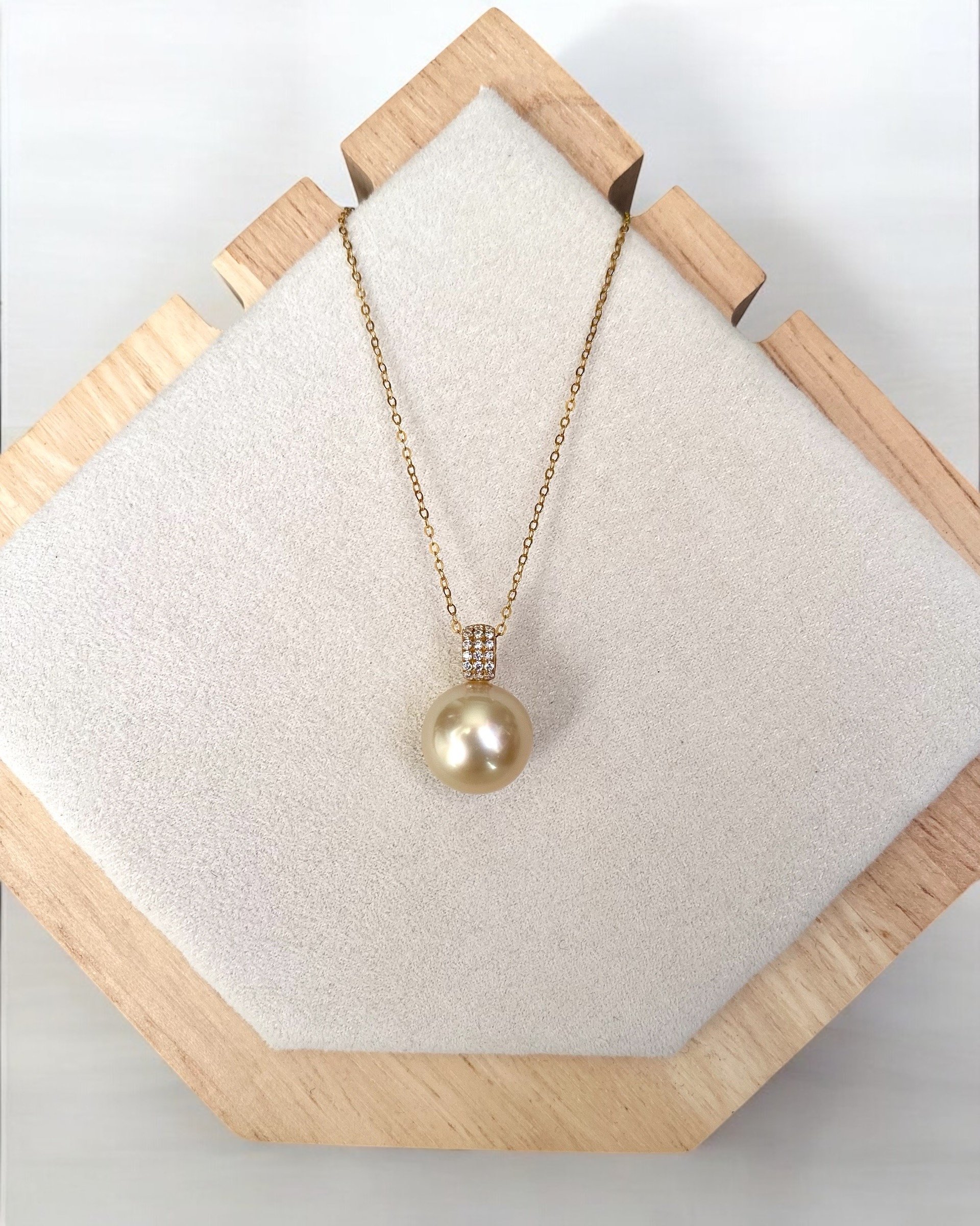 Perfectly Flawless 11.5mm Genuine Golden South Sea Pearl Pendant, Thick G18K Solid Gold Bail, Pavé CZ Diamond Accents, Mirror-Like Lustre Starlit Pearls