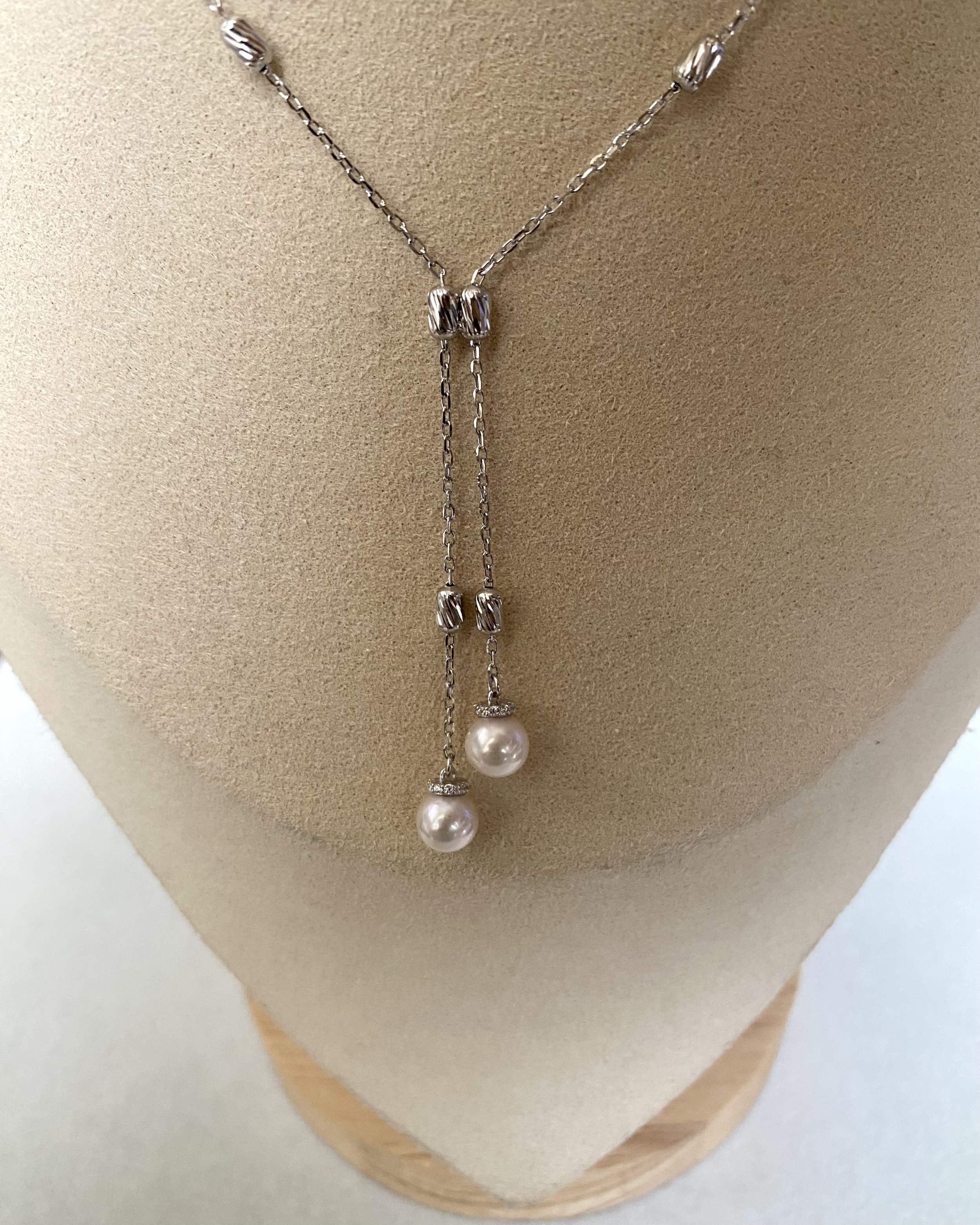 Original Japanese-Finished 6.5–7mm Classic White Akoya Pearl Y Necklace – S925 Silver Sparkling Textured Bead Chain, Double-Drop Design Starlit Pearls