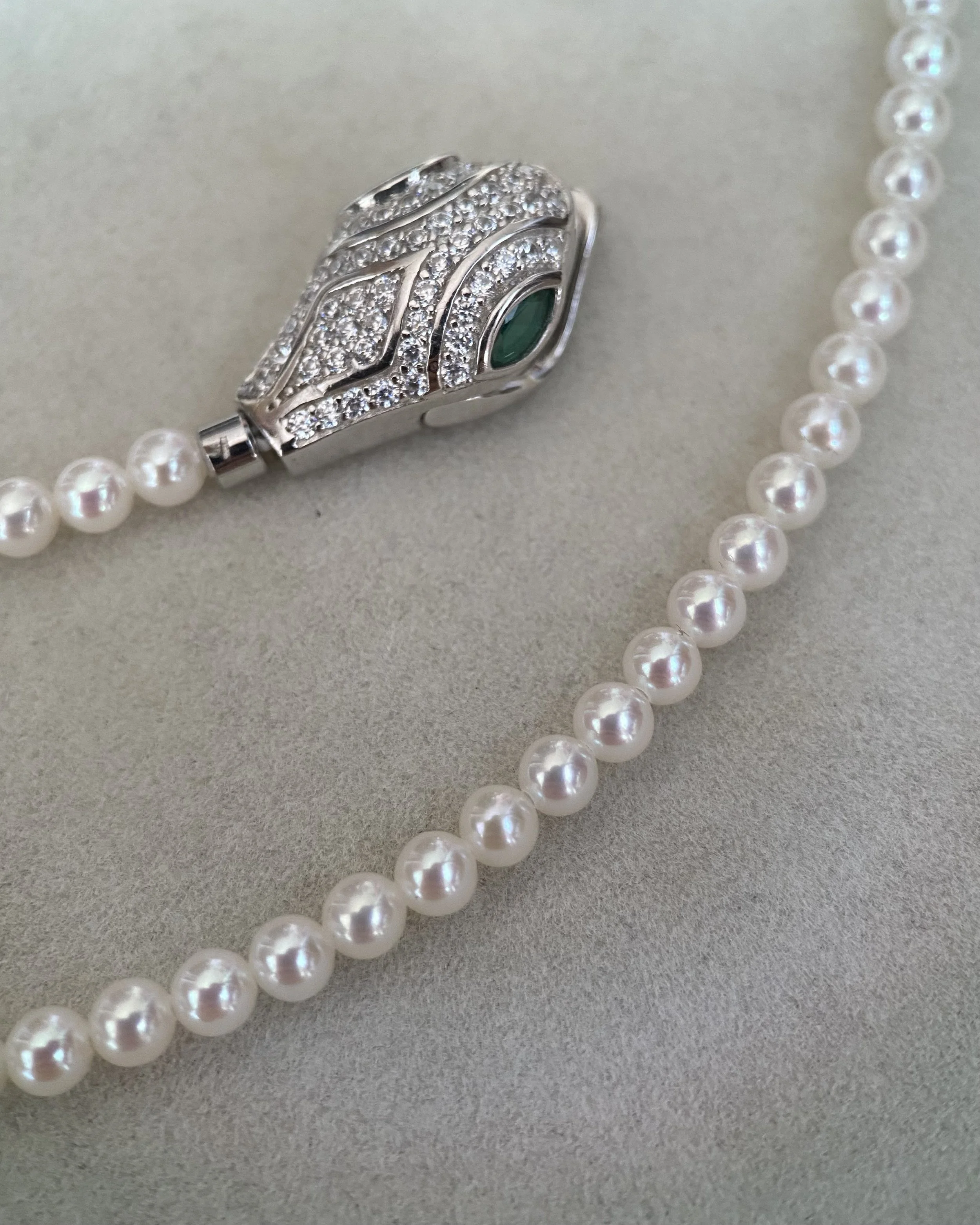18.7" Long Mini White Freshwater Pearl Necklace 3.5-4mm – Serpent-Inspired S925 Silver Clasp with Emerald CZ Eyes, Wedding or Gifting Starlit Pearls