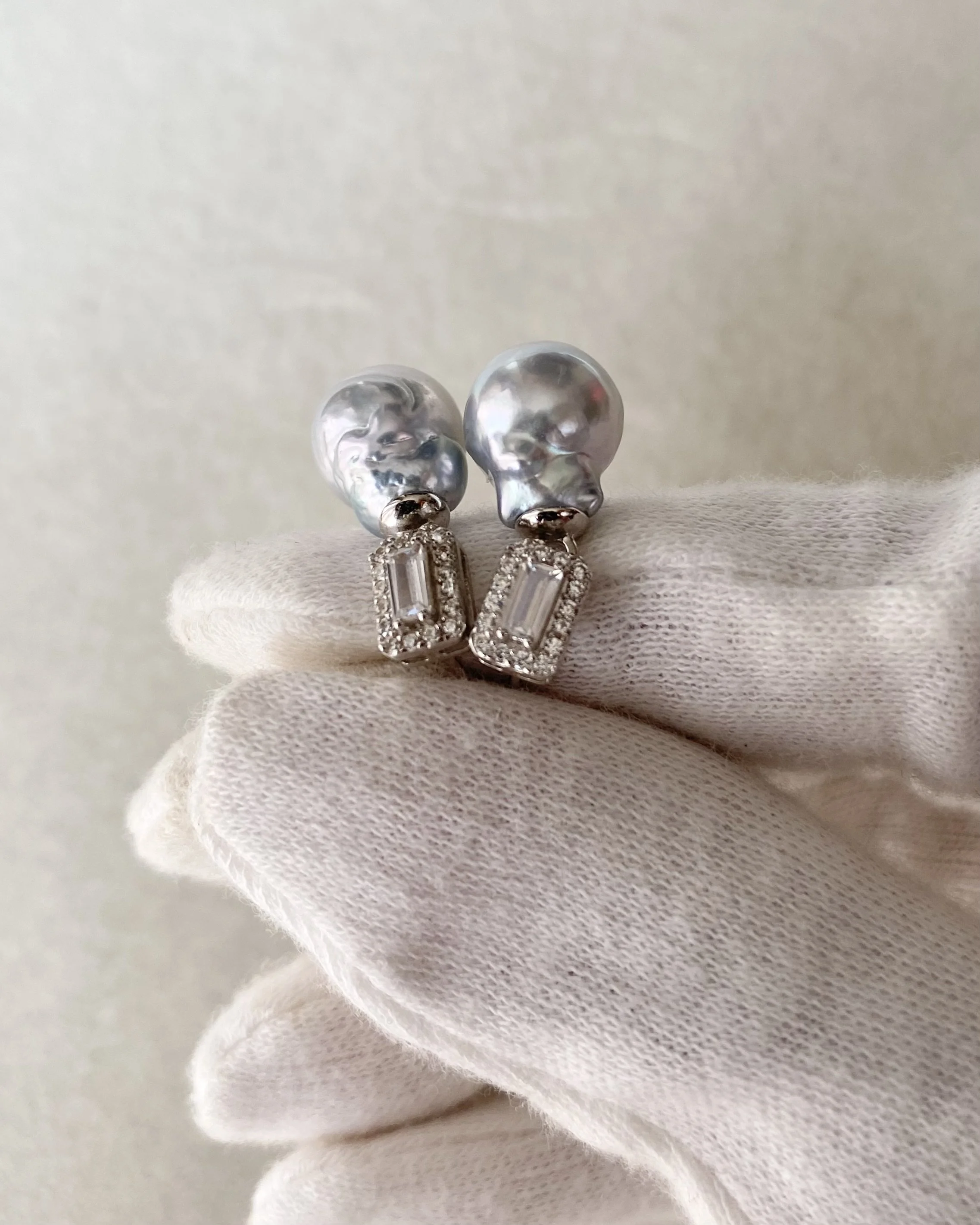 Rare Silver Australian South Sea Baroque Pearl Drop Earrings 11mm, Cool Icy Silver Lustre, S925 Silver Baguette CZ Design, Show Piece Starlit Pearls