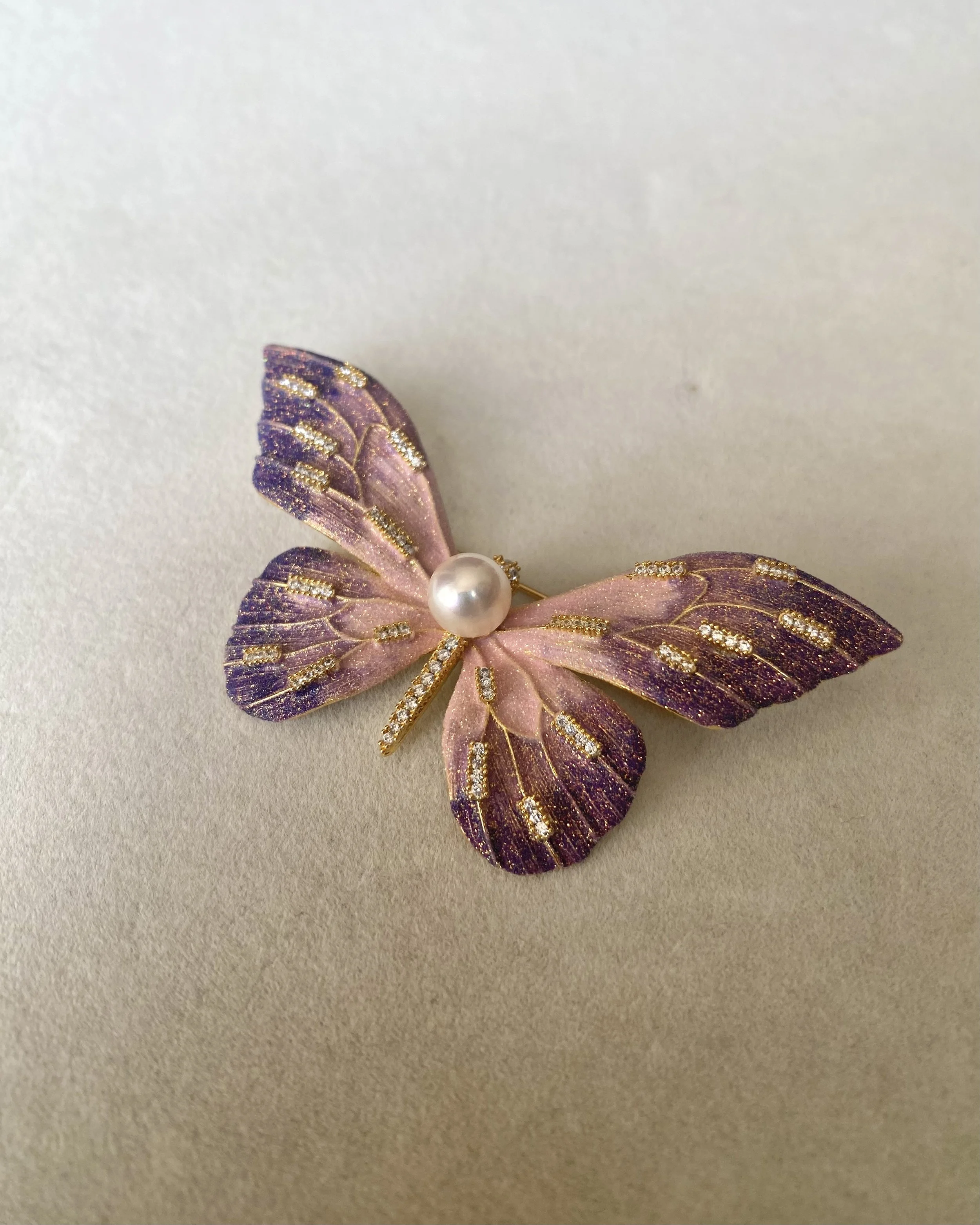 Enchanting Japanese Akoya Pearl Artistic Butterfly Brooch 7.8mm, Brushed Satin Purple Pink Iridescent Wings with Ultra-Fine Shimmer Starlit Pearls