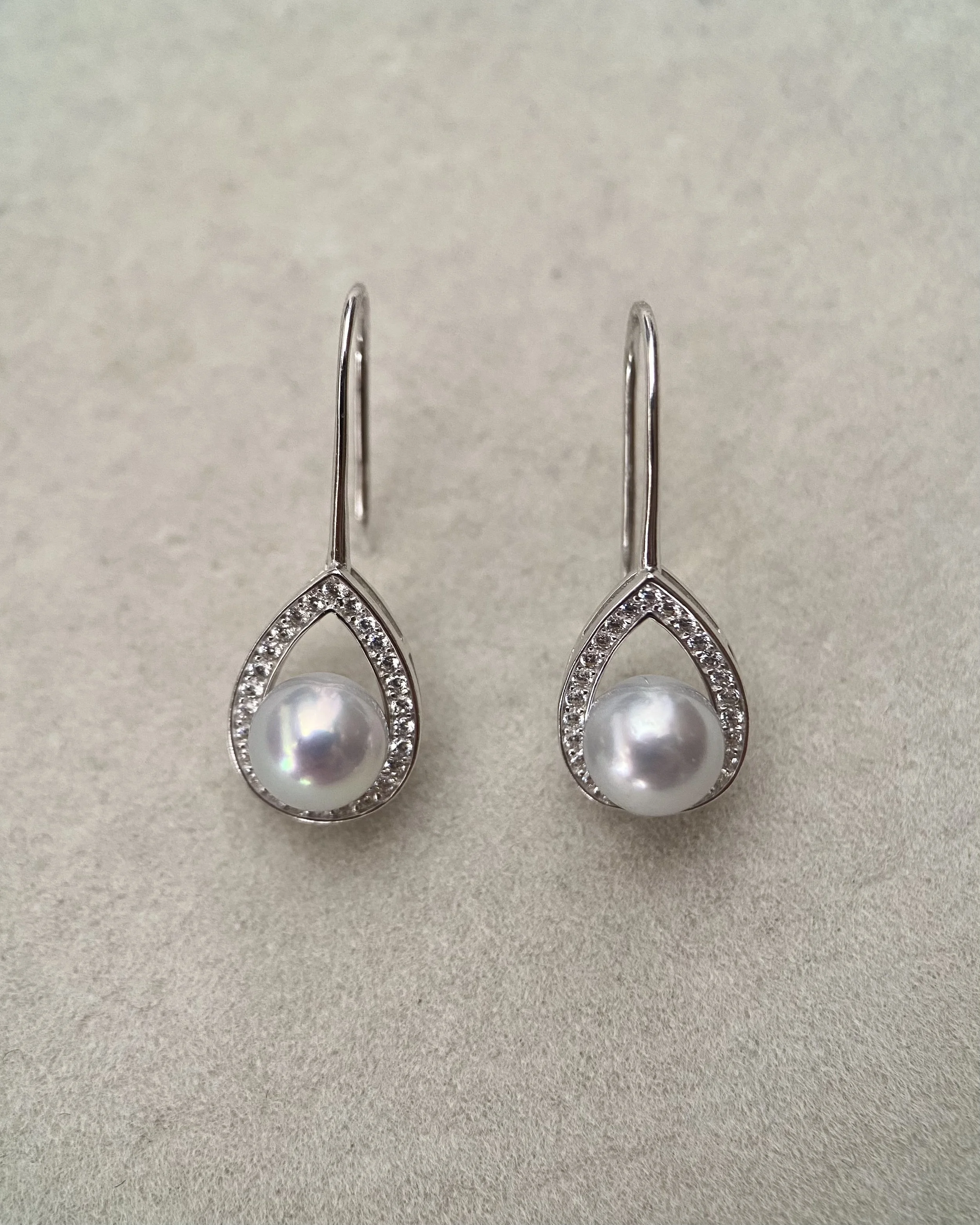 Japanese Airy Silver-Grey Madama Akoya Pearl Hook Earrings 6.7mm, S925 Silver Teardrop Pavé Halo Setting, Jewellery Exhibition Piece Starlit Pearls