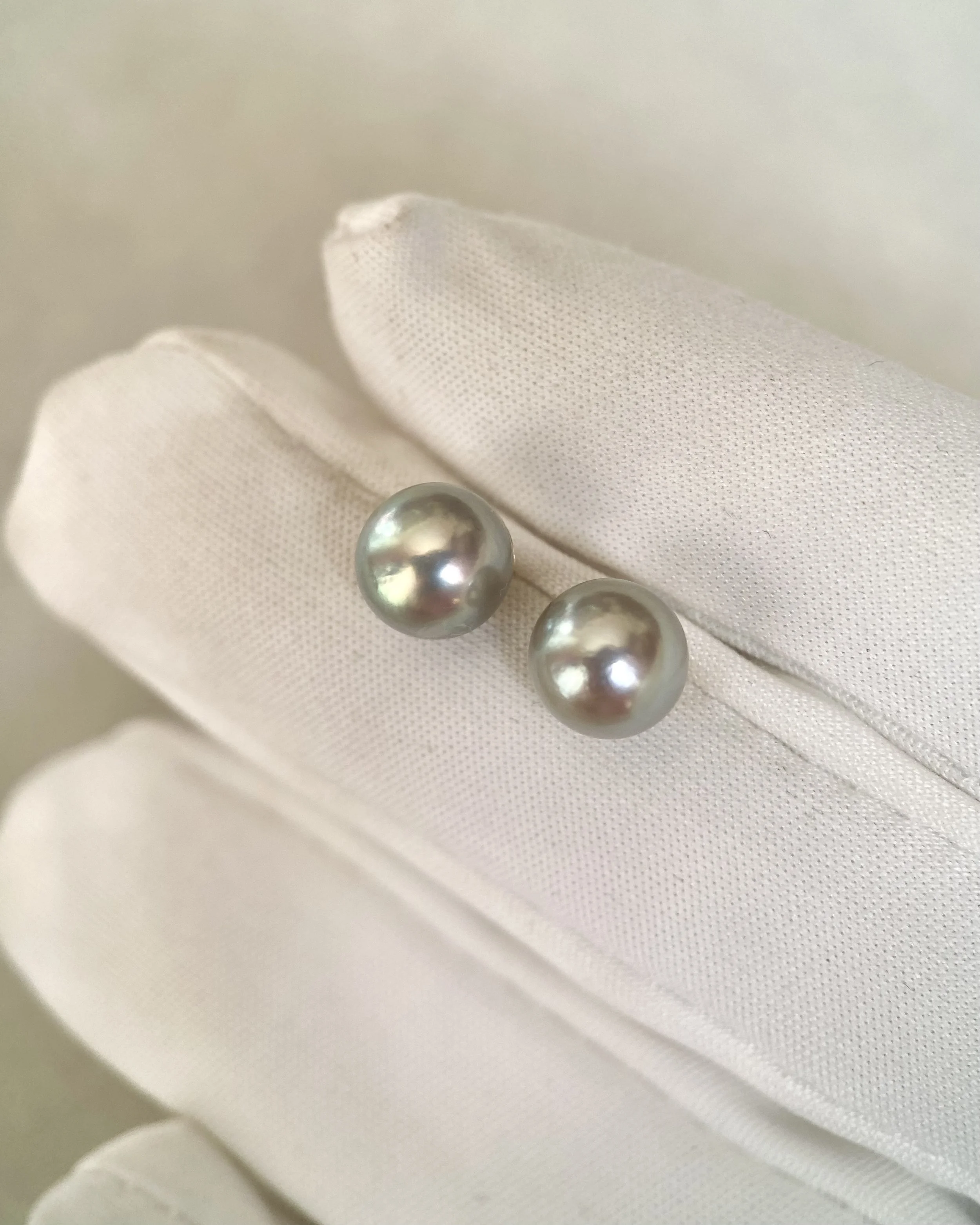8mm Silver Olive-Green Japanese Madama Akoya Pearl Stud Earrings, Metallic Lustre, Solid 18K Thick Posts & Full Gold Cap Setting Starlit Pearls
