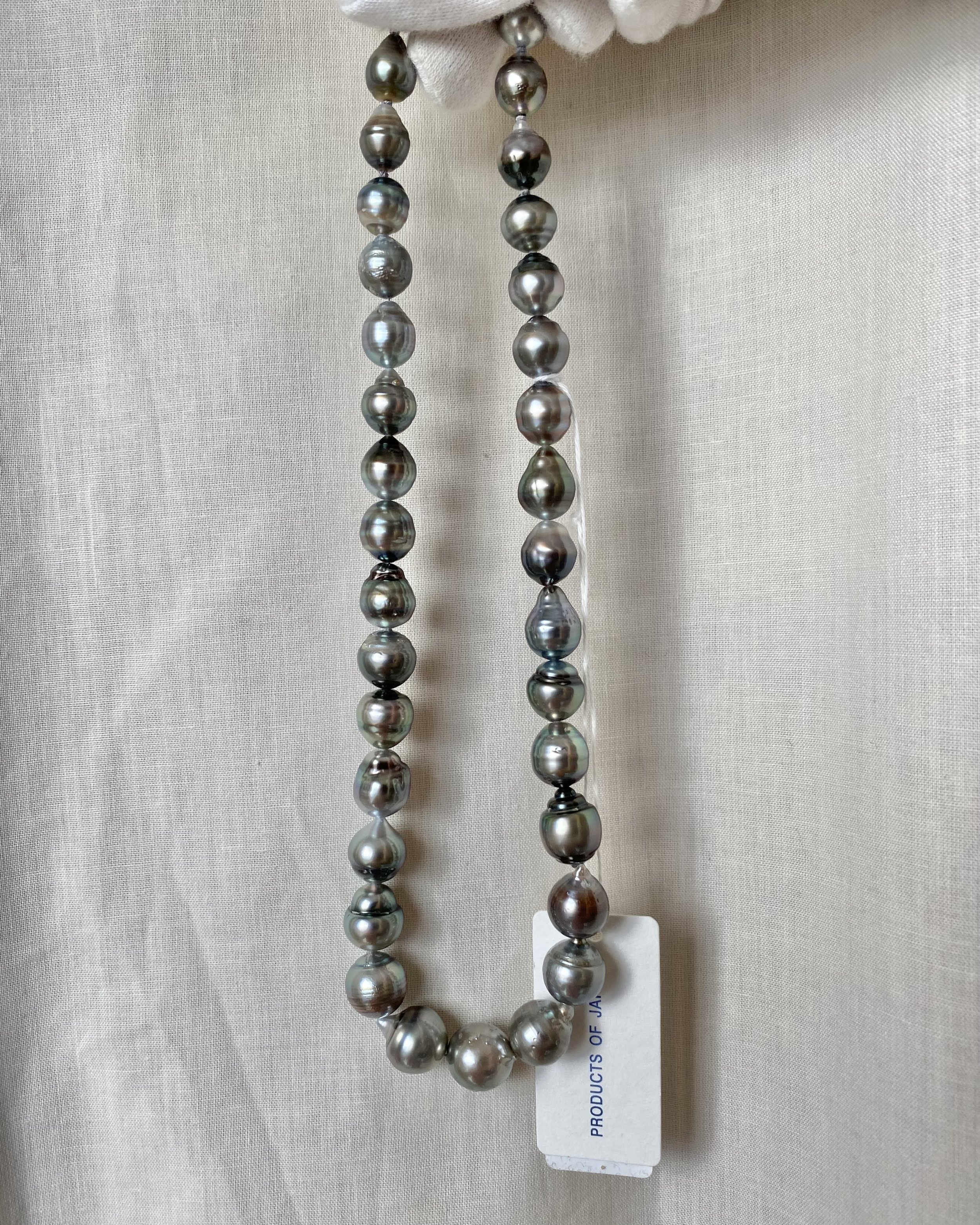 PSL Certified Tahitian South Sea Baroque Pearl Necklace 8–12mm, Platinum Grey w/ Iridescent Overtones, Geometric Patent Silver Clasp Starlit Pearls