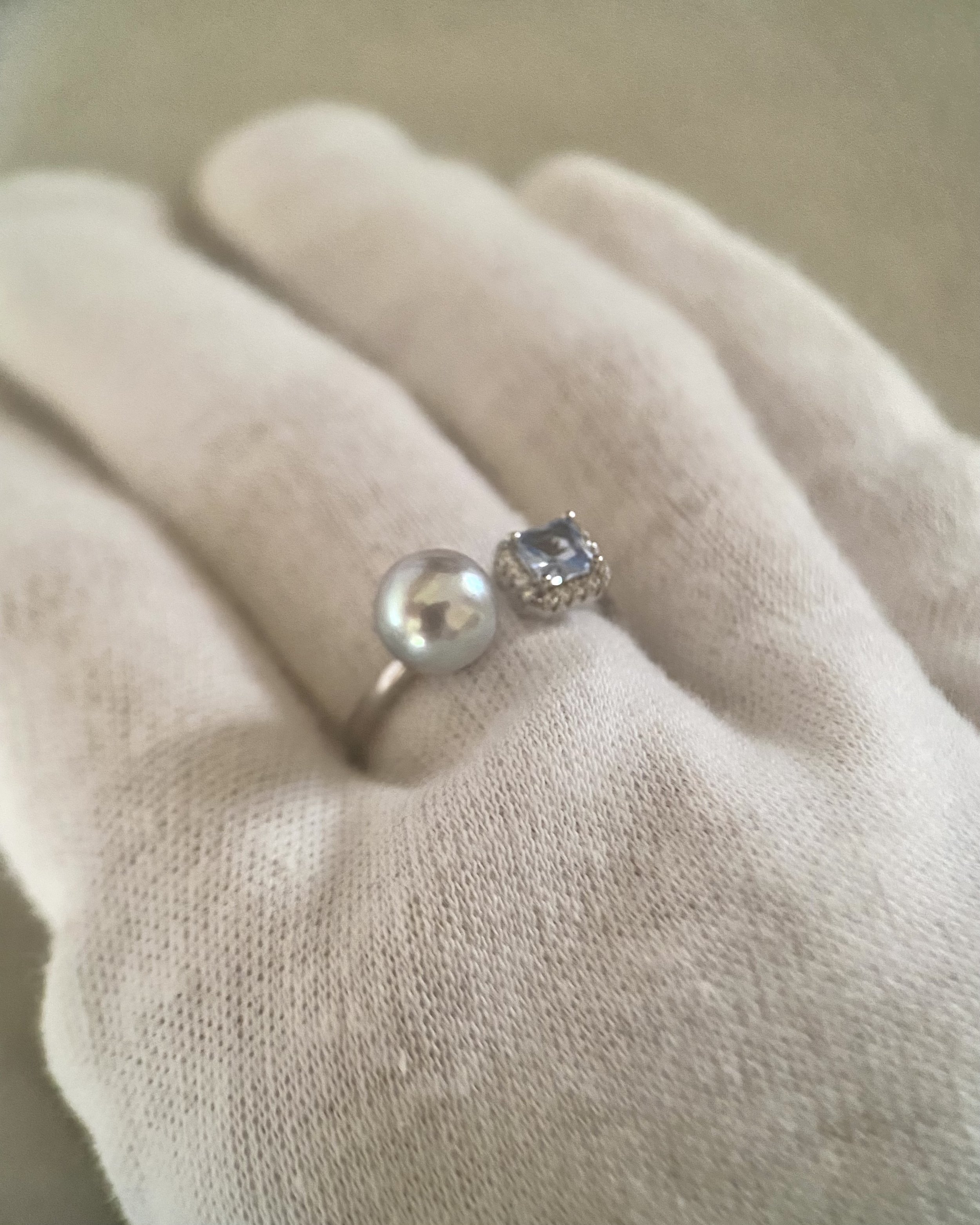 Premium Japanese Silver-Grey Blue Madama Akoya Pearl Open Ring 7.5mm, Ice-Blue Princess-Cut CZ, Adjustable S925, Exhibition Piece Starlit Pearls