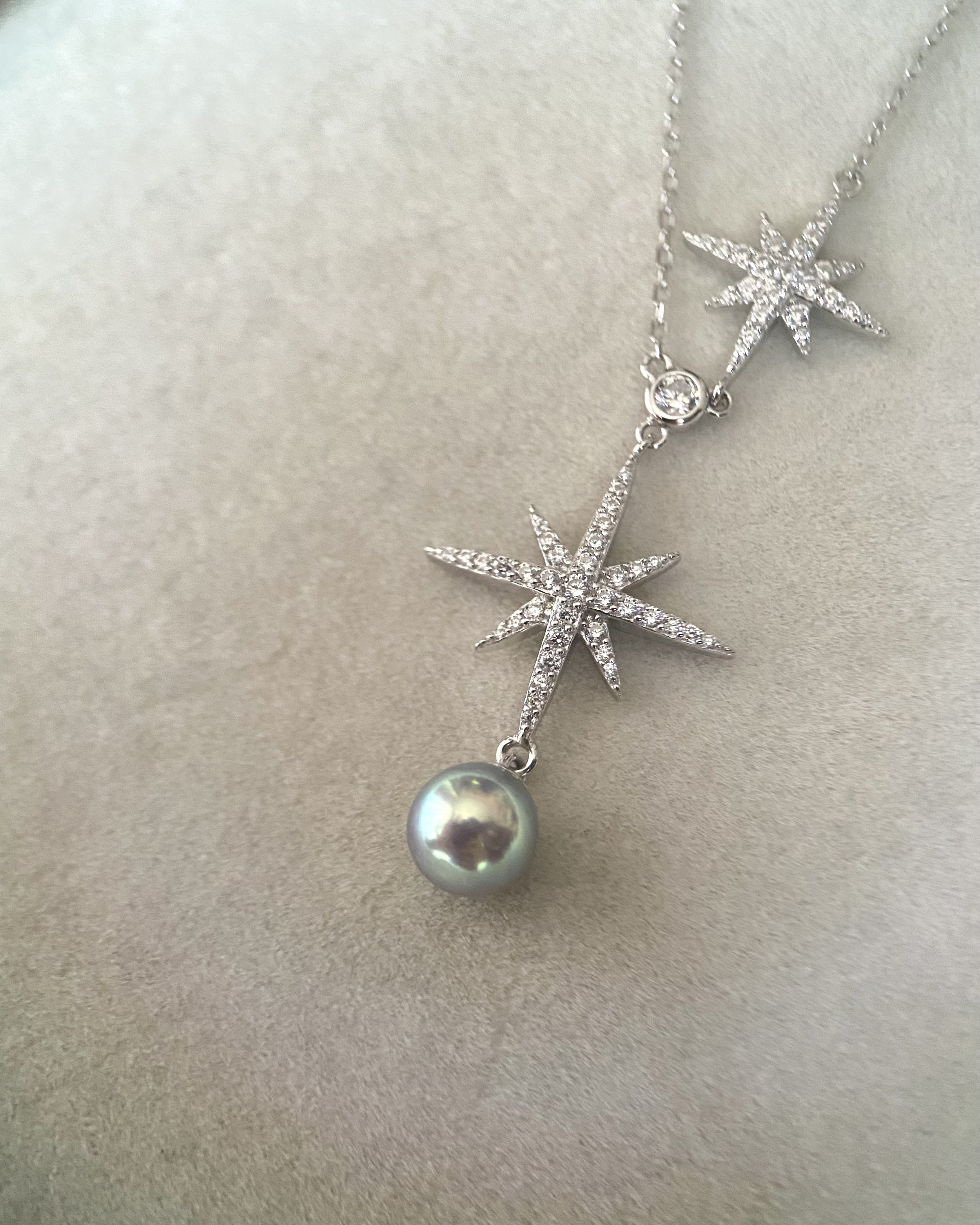 Japanese Silver-Peacock Green Madama Akoya Pearl Pendant Necklace 7mm, 7A Aurora Lustre, Starburst Pavé CZ S925 Chain, Made In Japan Starlit Pearls