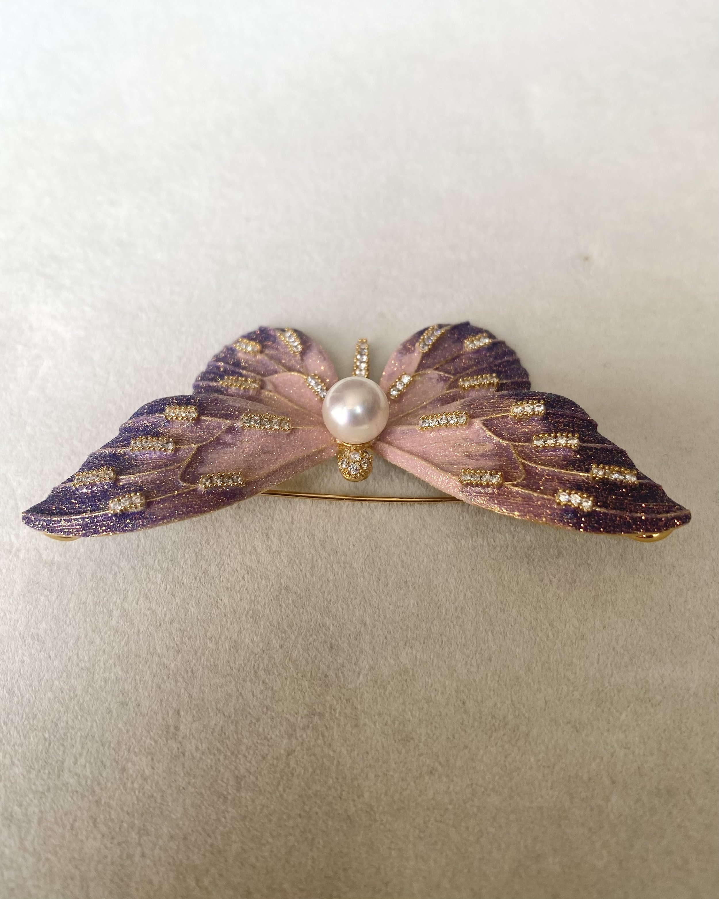 Enchanting Japanese Akoya Pearl Artistic Butterfly Brooch 7.8mm, Brushed Satin Purple Pink Iridescent Wings with Ultra-Fine Shimmer Starlit Pearls