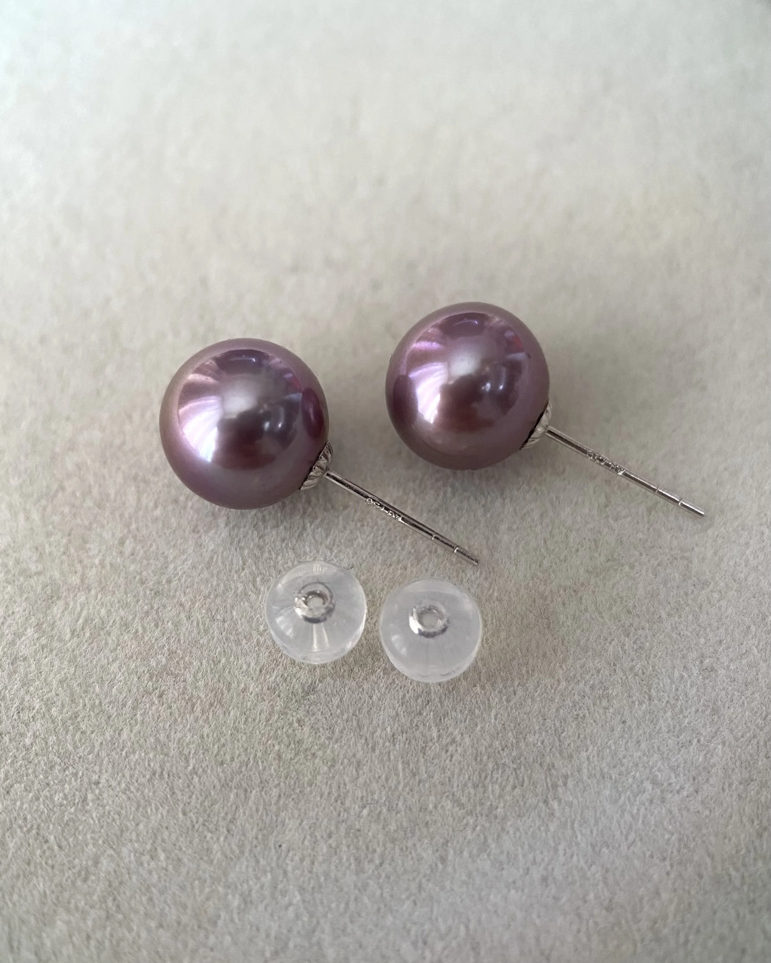 Solid 18K White Gold_Natural Wine Purple Freshwater Pearl Stud Earrings 9.5mm, Rich Metallic Lustre, Undyed Natural Colour Starlit Pearls
