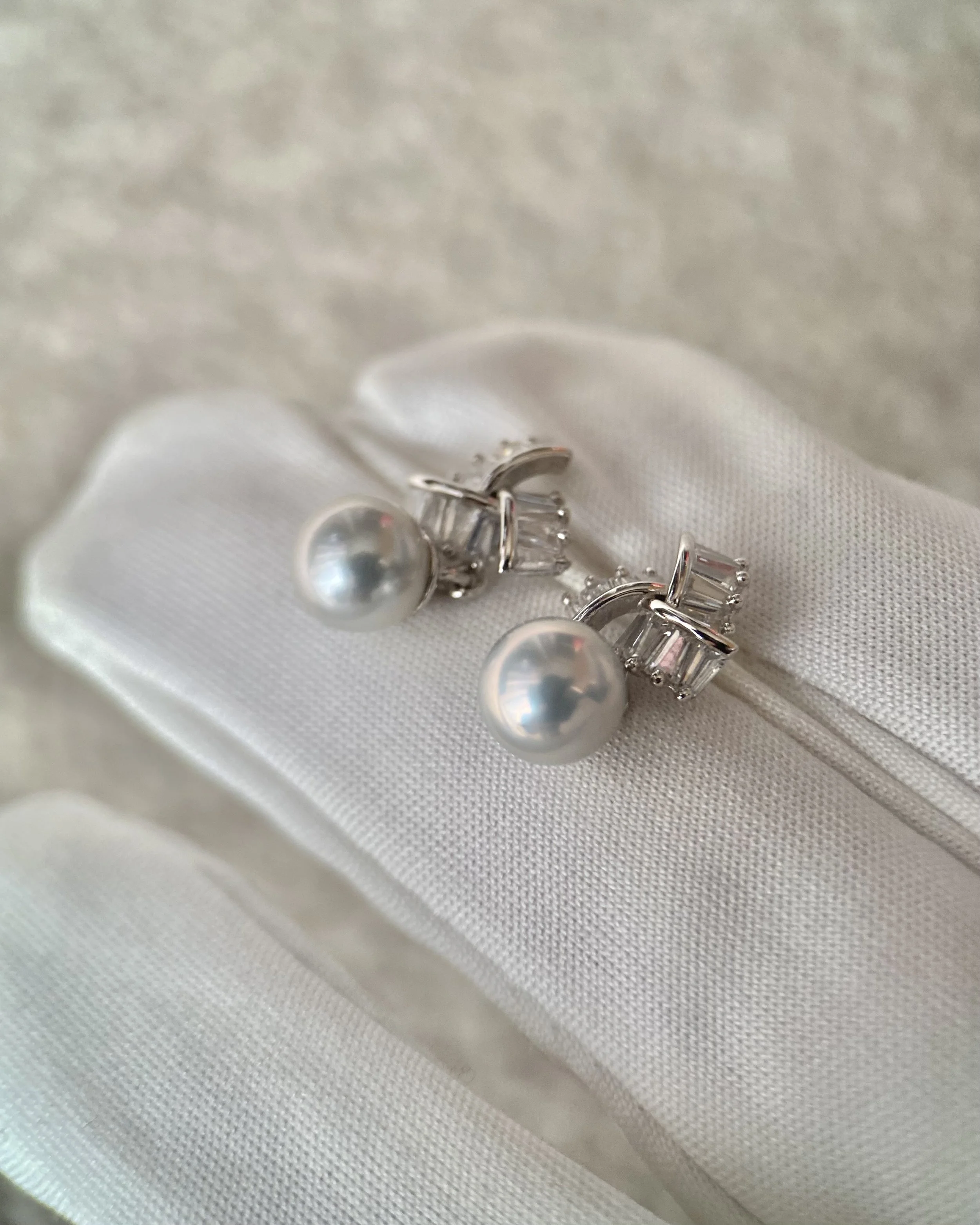 Japanese Madama Akoya Pearl Earrings 6.7mm, Cool-Toned Silver-Grey, Flawless, S925 Silver Ribbon Fan_Baguette CZ, Exhibition Piece