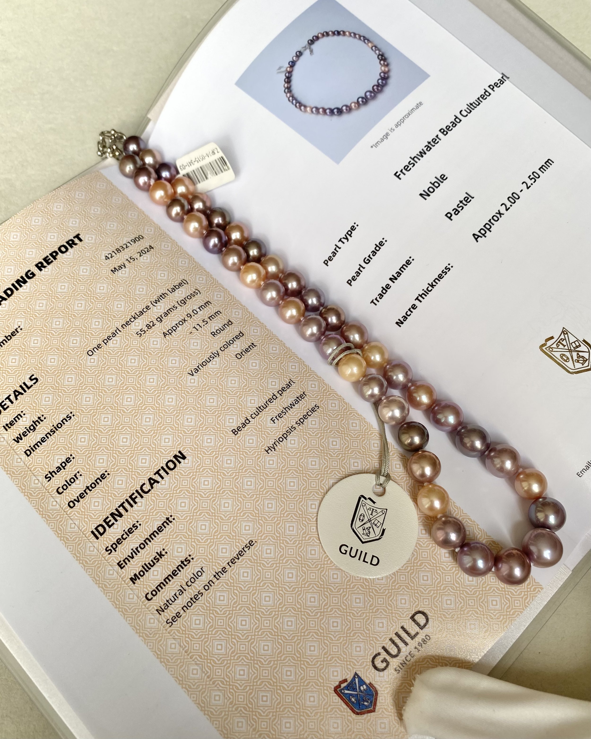 GUILD-Certified “Noble” Top Gr Pastel Freshwater Pearl Necklace 9-11mm, Pink Purple Orange, Metallic Lustre, Durable Silver U-Clasp Starlit Pearls