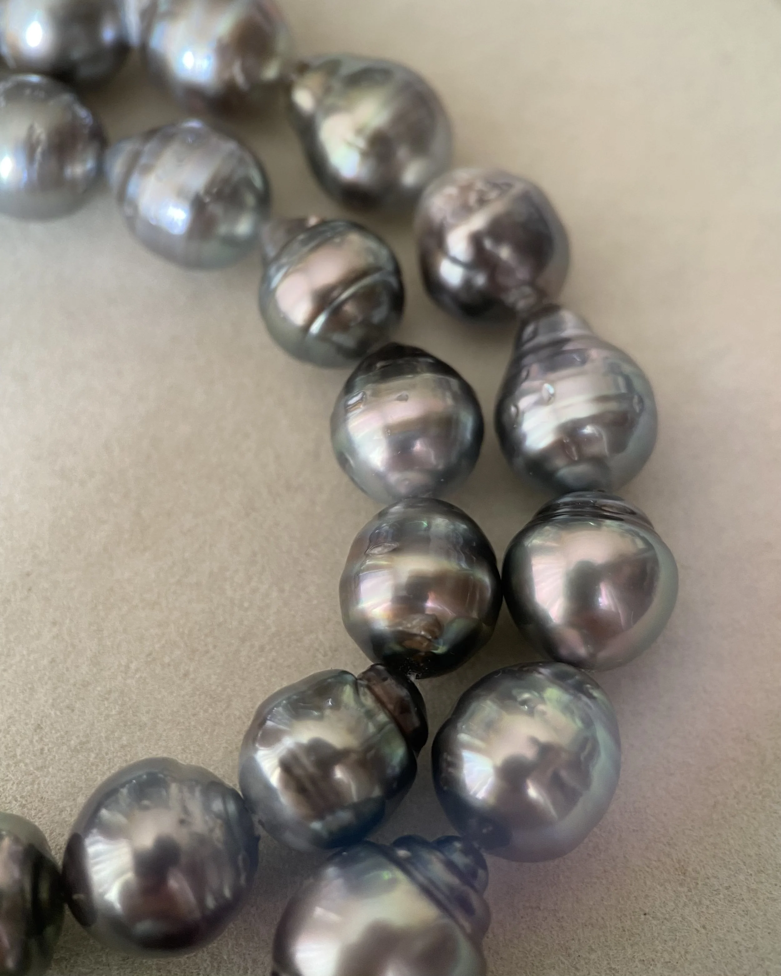 PSL Certified Tahitian South Sea Baroque Pearl Necklace 8–12mm, Platinum Grey w/ Iridescent Overtones, Geometric Patent Silver Clasp Starlit Pearls