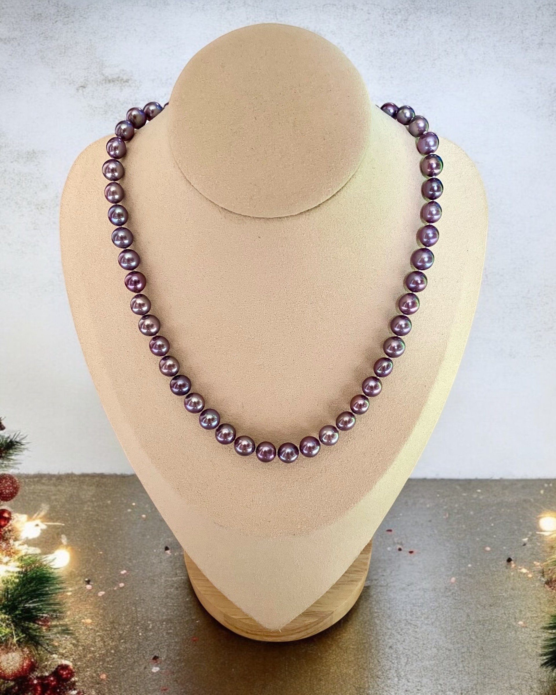 Exceptionally Rare Midnight Purple Freshwater Pearl Necklace, Natural Untreated Colour, 8-9mm Top Metallic Lustre, Durable S925 Silver Clasp Starlit Pearls