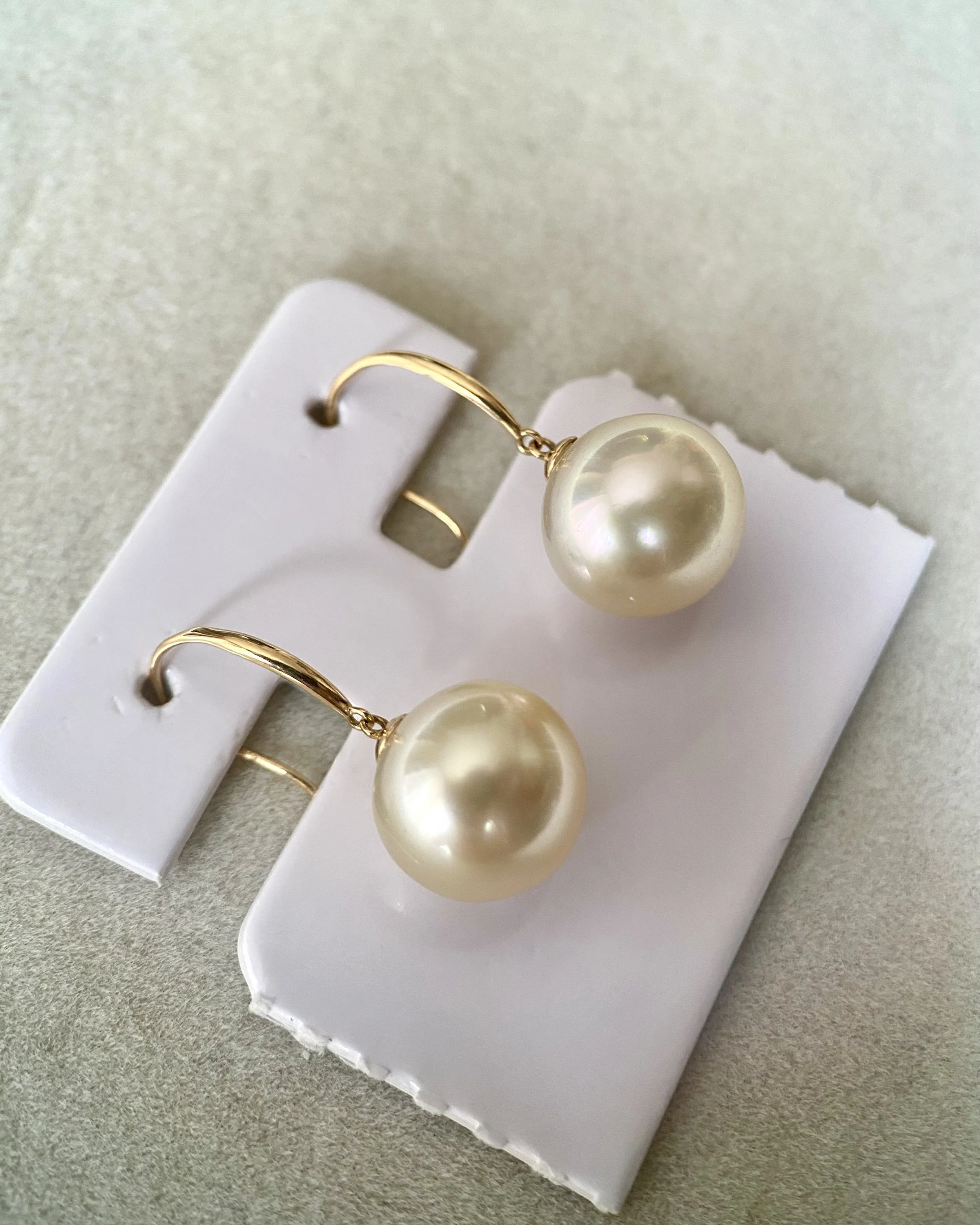 Lemon-Gold South Sea Pearl Hook Earrings 10.5mm, Flawless 6A Quality, Thick Solid 18K Gold Fittings Starlit Pearls